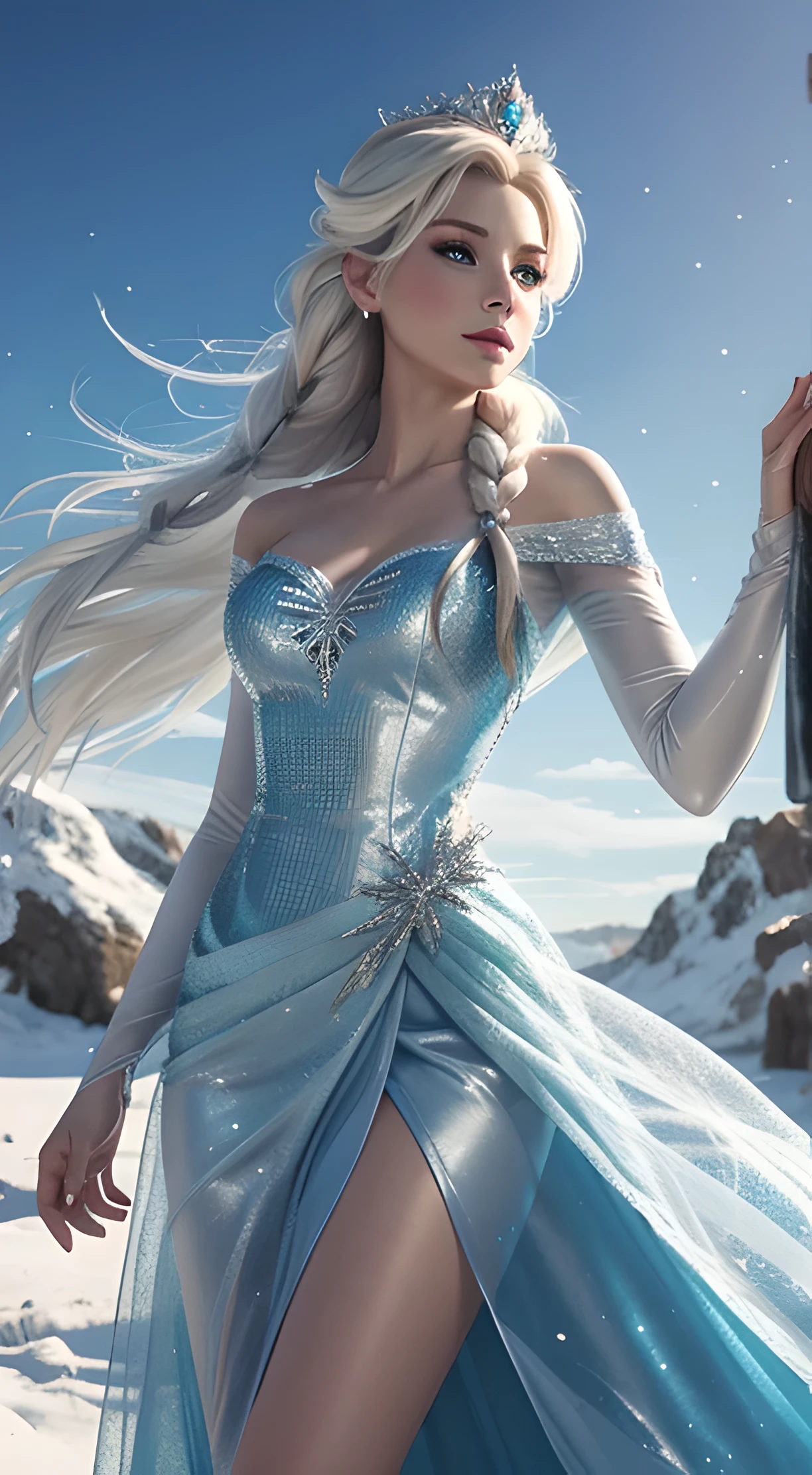 Generate an realistic image of Elsa from Frozen, real character Frozen elsa, dressed in modern fashion for a New Year's party. HDR 8K texture dress, visual render Elsa, Elsa should be wearing a red, delicate long dress with leg exposed, along with a New Year's santa hat. The dress should be stylish and suitable for a princess. New Year's dress with real feathers and tassels