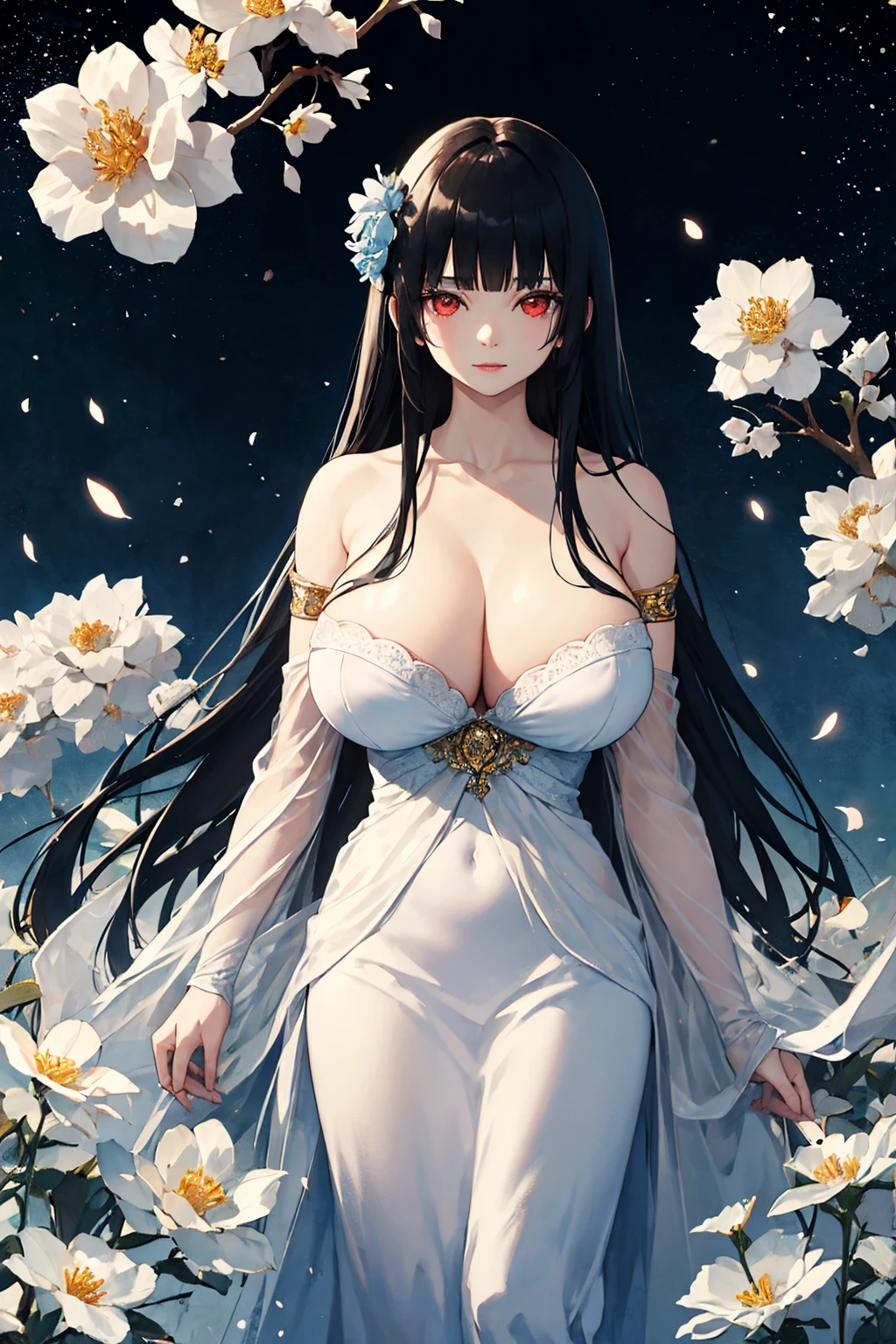 (absurd res, A high resolution, ultra - detailed, hyper HD, Cinematic), Alone, 1个Giant Breast Girl, mature, Happy,hime cut,black long hair,red eyes, (huge breasts:1.5),cleavage, collarbone, bare shoulders,armbands,girl standing in light blues flower field, light blues flower petal surrounding girl, full bodyesbian, Blue long-haired girl, light blues hair, fanciful, dream-like, Snowy Land, offcial art, trending art, contours, ultra - detailed face, ultra - detailed eyes, light blues flower field, ultra - detailed field, The white blue sky, Cold, light blues, The white, Nebula in the sky, blue tree, aquarelle, pastel colour