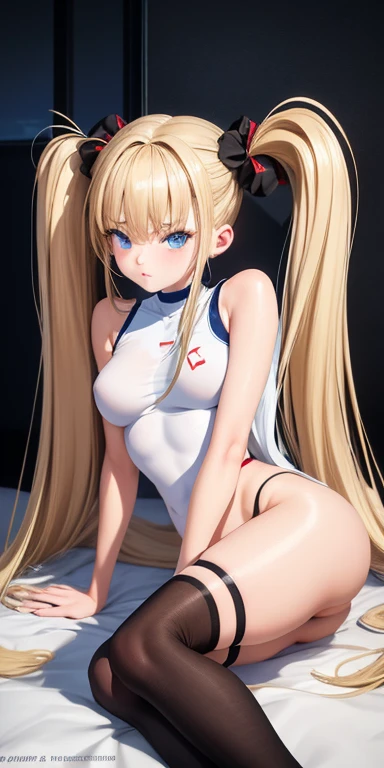 super fine illustration, novel illustration, masterpiece, ultra detailed, detailed beautiful eyes, 1girl, solo, blonde hair, very long hair, twintails, red ribbon, blue eyes, shy, ,akizuki airi, blonde_hair, blue eyes, twintails, long_hair, hair_ornament, hair_scrunchie, medium_breasts, ,akizuki airi, blonde_hair, blue eyes, twintails, long_hair, hair_ornament, hair_scrunchie, large_breasts, wearing only panties, no bra, arm bra, hidden nipples, beautiful nipples facing up, socks, black socks, thigh high socks, lying in bed, hands tied, dakimakura, full body,