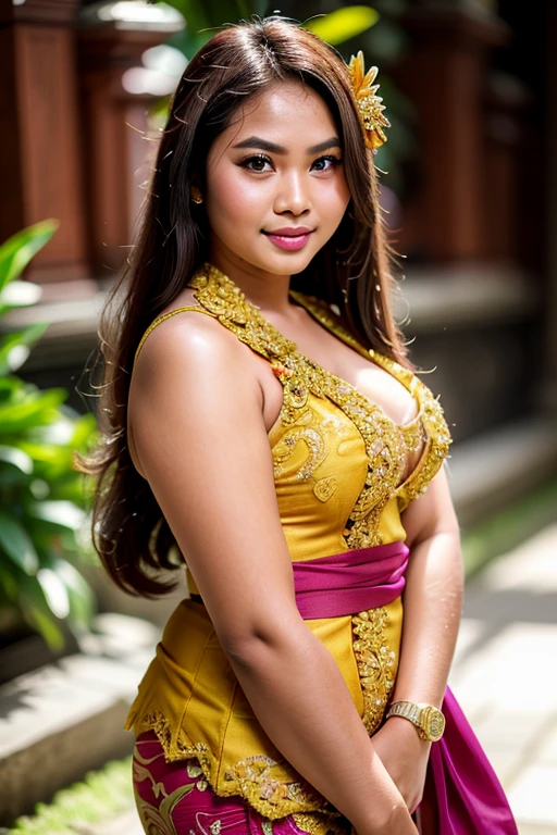 RAW, Best quality, high resolution, Masterpiece: 1.3), Age 27 years, Beautiful young girl balinese, pretty face balinese, long loose hair, Masterpiece, Perfect plump body, collosal tits, wide butt, perfect make-up, Beautiful big eyes, Watery eyes, voluptuous smile, Wet lips, balinese culture, (Wearing kebaya with flowers in the hair)), looking to camera, (perfect fingers), Masterpiece collection, voluptuous, (full body closeup camera view), high resolution, highly detailed, no bra, niplslip, no underwear, NSFW, (show pussy:1)