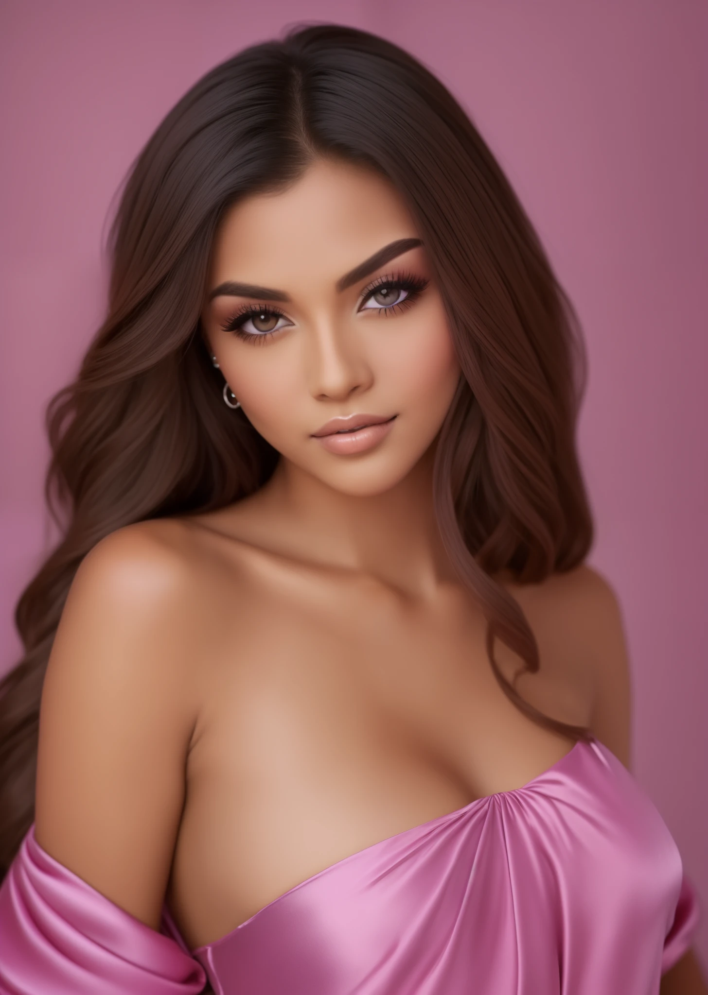 beautiful exotic woman, Hispanic decent, big almond shaped jade colored eyes, long eyelashes, flawless skin, plump perfect lips, long wavy fusia colored hair, medium sized breast, wearing silk night gown,seed 5001 --auto --s2