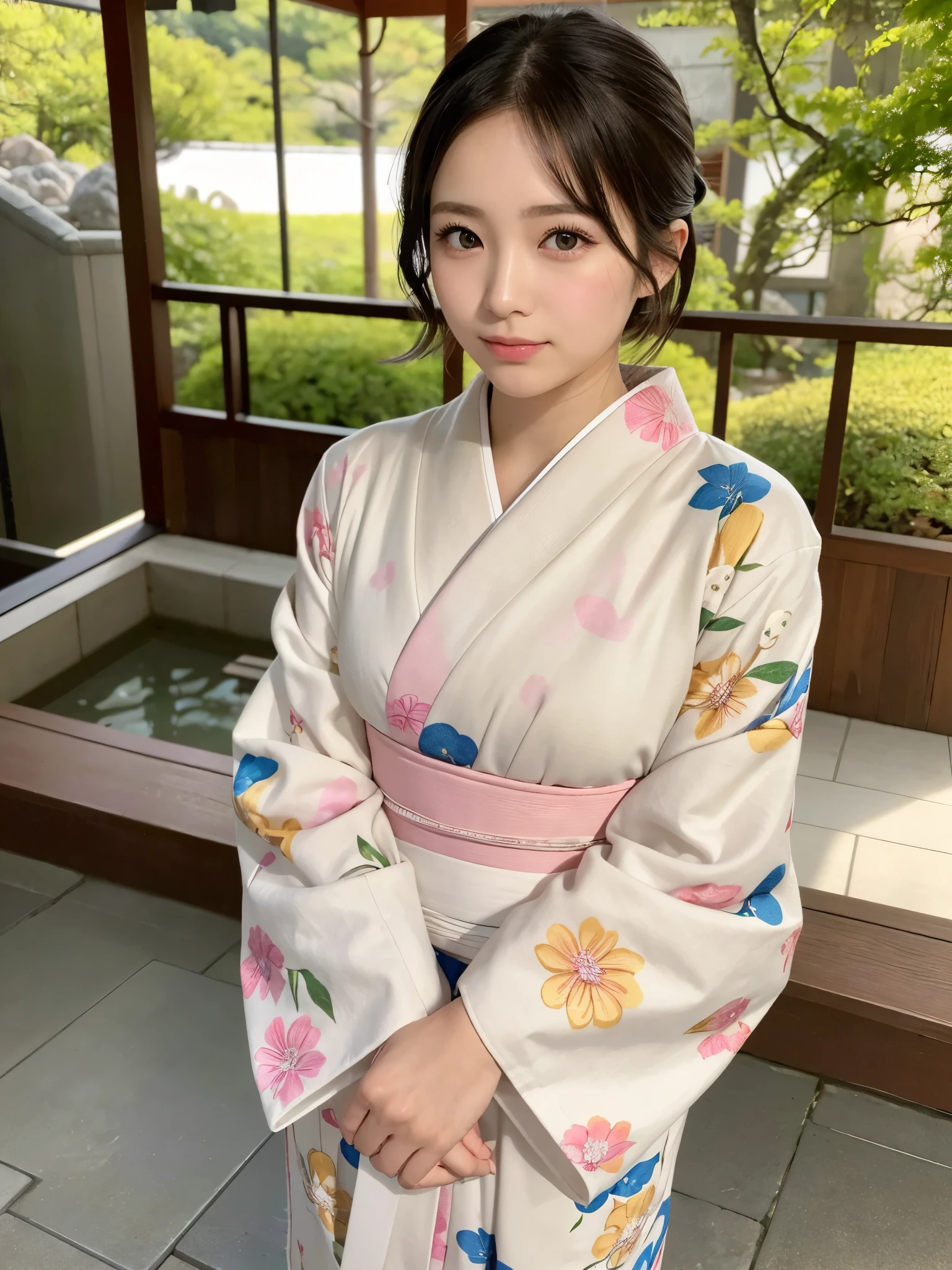 ((of the highest quality, 8K, masutepiece: 1.3, Raw photo)), Sharp Focus: 1.2, (1 AESPA Girl :1.1), Solo, (Realistic, Photorealistic: 1.37), (Face Focus: 1.1), Cute face, hyperdetailed face, (short messy hair: 1.2), Small Smile, Japanese theme, Traditional kimono, Washi background, Filming in the Japan Garden, Beautiful Japanese makeup, Soft glow of natural light, A beautiful woman that symbolizes Japan culture