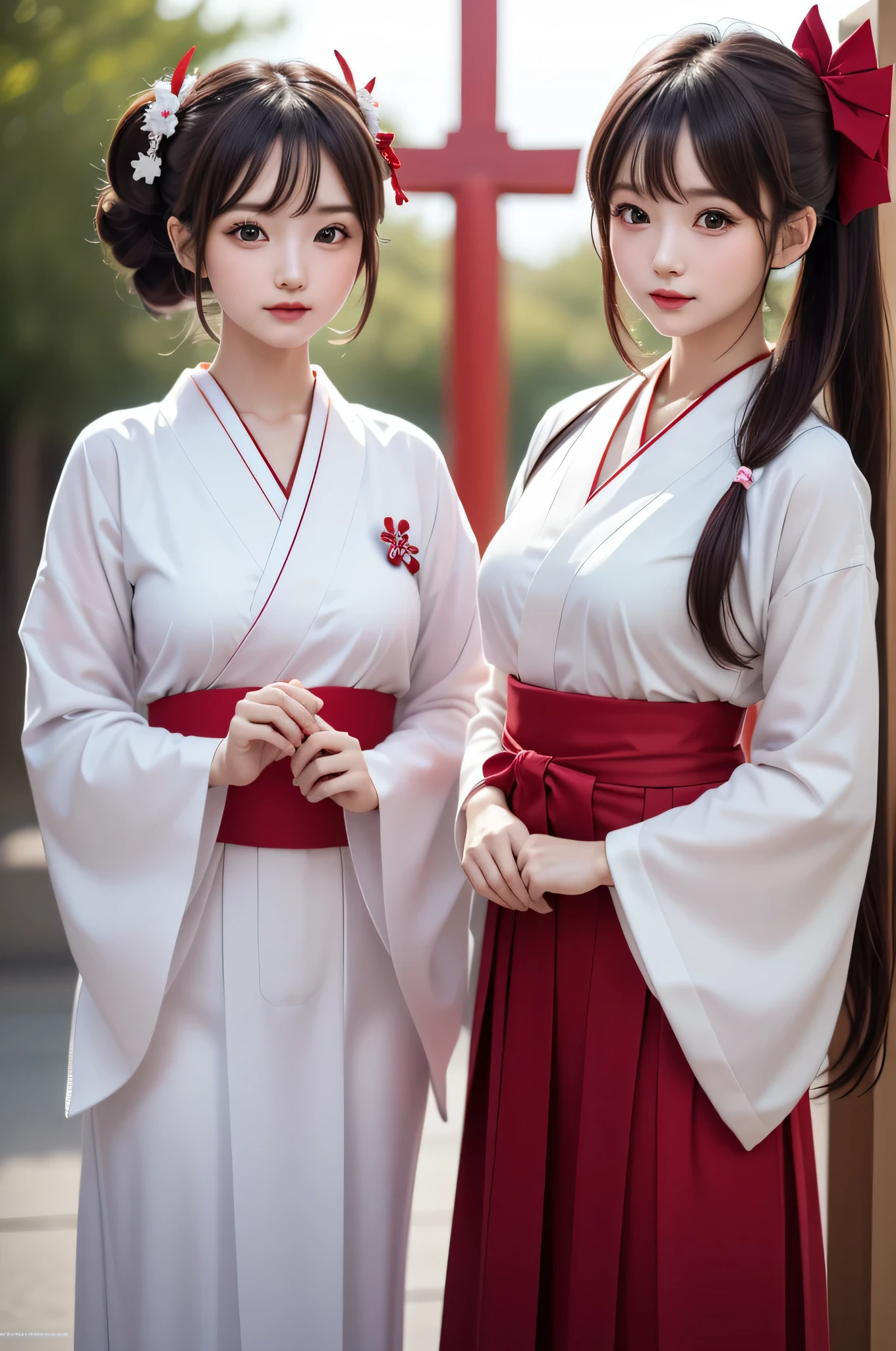 ((2girls)), ((Best Quality)), (Ultra-detailed), (extremely detailed CG unified 8k wallpaper), Highly detailed, High-definition raw color photos, Professional Photography, (Twin-tailed), Brown hair, Amazing face and eyes, Pink eyes, (amazingly beautiful girl), (shrine maiden), (Japanese style shrine maiden costume, White haori, Red Hakama:1.2), (((Bokeh))), depth of fields,
