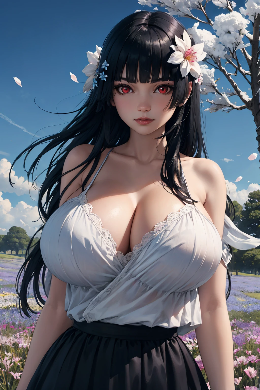 (absurd res, A high resolution, ultra - detailed, hyper HD, Cinematic), Alone, 1个Giant Girl, maturey,hime cut,black long hair,red eyes, (huge breasts:1.5)ge, collarbonshoulders,armbands,girl standing in light blues flower field, light blues flower petal surrounding girl, full bodyesbian, Blue long-haired girl, light blues hair, fanciful, dream-like, Snowy Land, offcial art, trending art, contours, ultra - detailed face, ultra - detailed eyes, light blues flower field, ultra - detailed field, The white blue sky, Cold, light blues, The white, Nebula in the sky, blue tree, aquarelle, pastel colour
