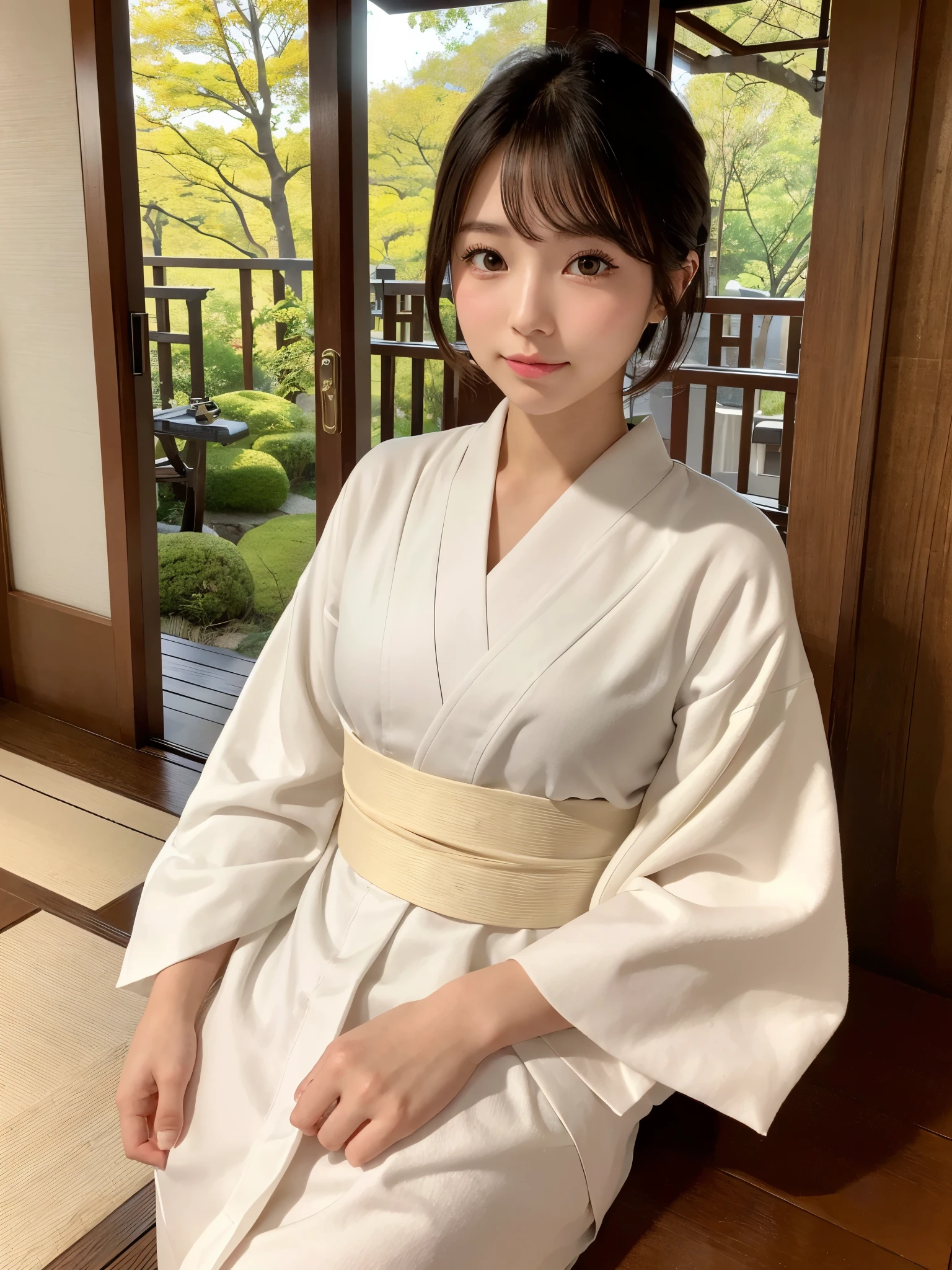 ((of the highest quality, 8K, masutepiece: 1.3, Raw photo)), Sharp Focus: 1.2, (1 AESPA Girl :1.1), Solo, (Realistic, Photorealistic: 1.37), (Face Focus: 1.1), Cute face, hyperdetailed face, (short messy hair: 1.2), Small Smile, Japanese theme, Traditional kimono, Washi background, Filming in the Japan Garden, Beautiful Japanese makeup, Soft glow of natural light, A beautiful woman that symbolizes Japan culture, from below