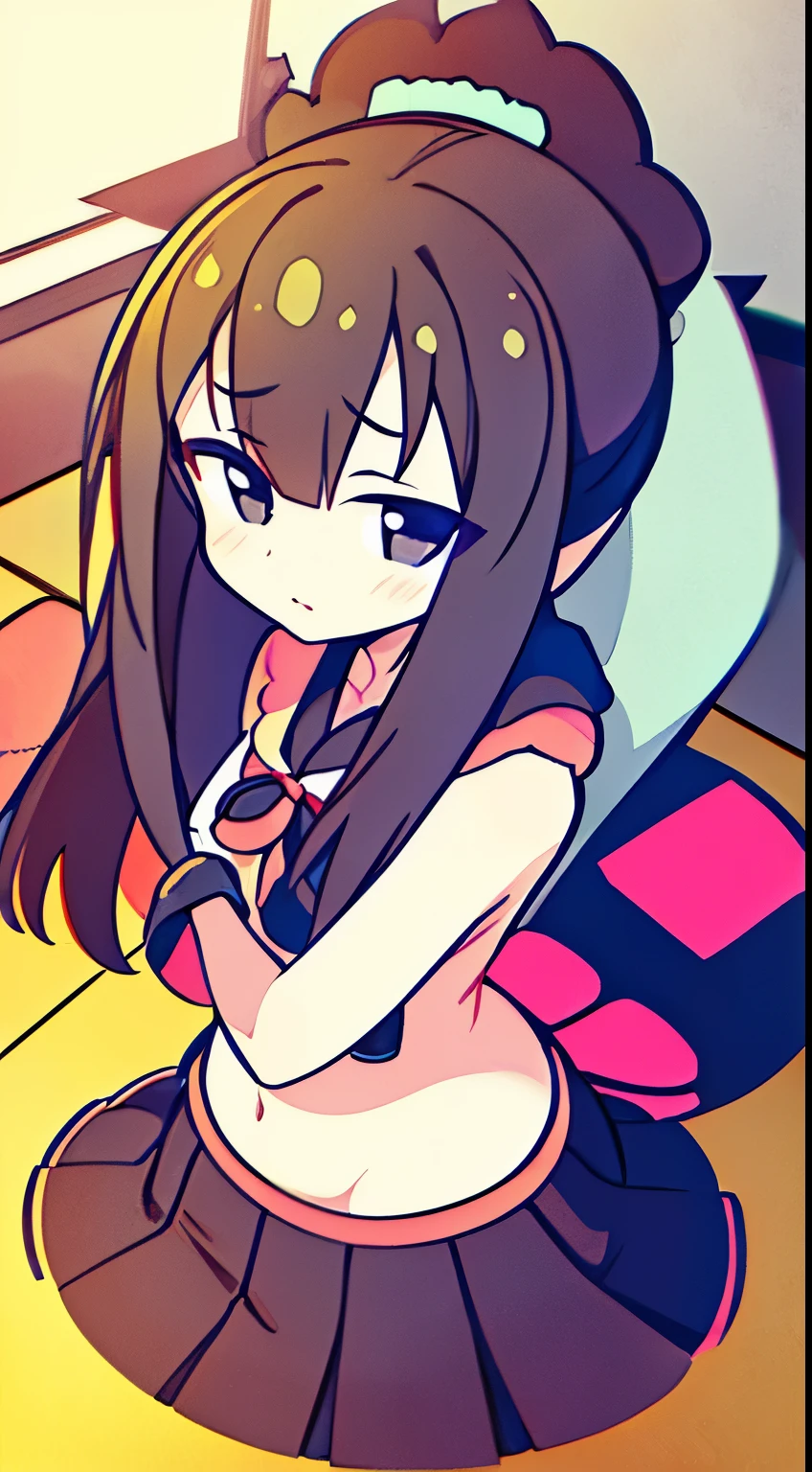 mizuki, small breasts, flat chest, tan, dark-skinned female, dark skin, two side up, very long hair, brown hair, hair between eyes, hair ribbon, hair rings, pink eyes,pink micro bikini,nightclub,stage ,womb tattoo,(condom belt),smirk,makeup,lipstick,legs apart ,arm behind head,collar,squatting ,