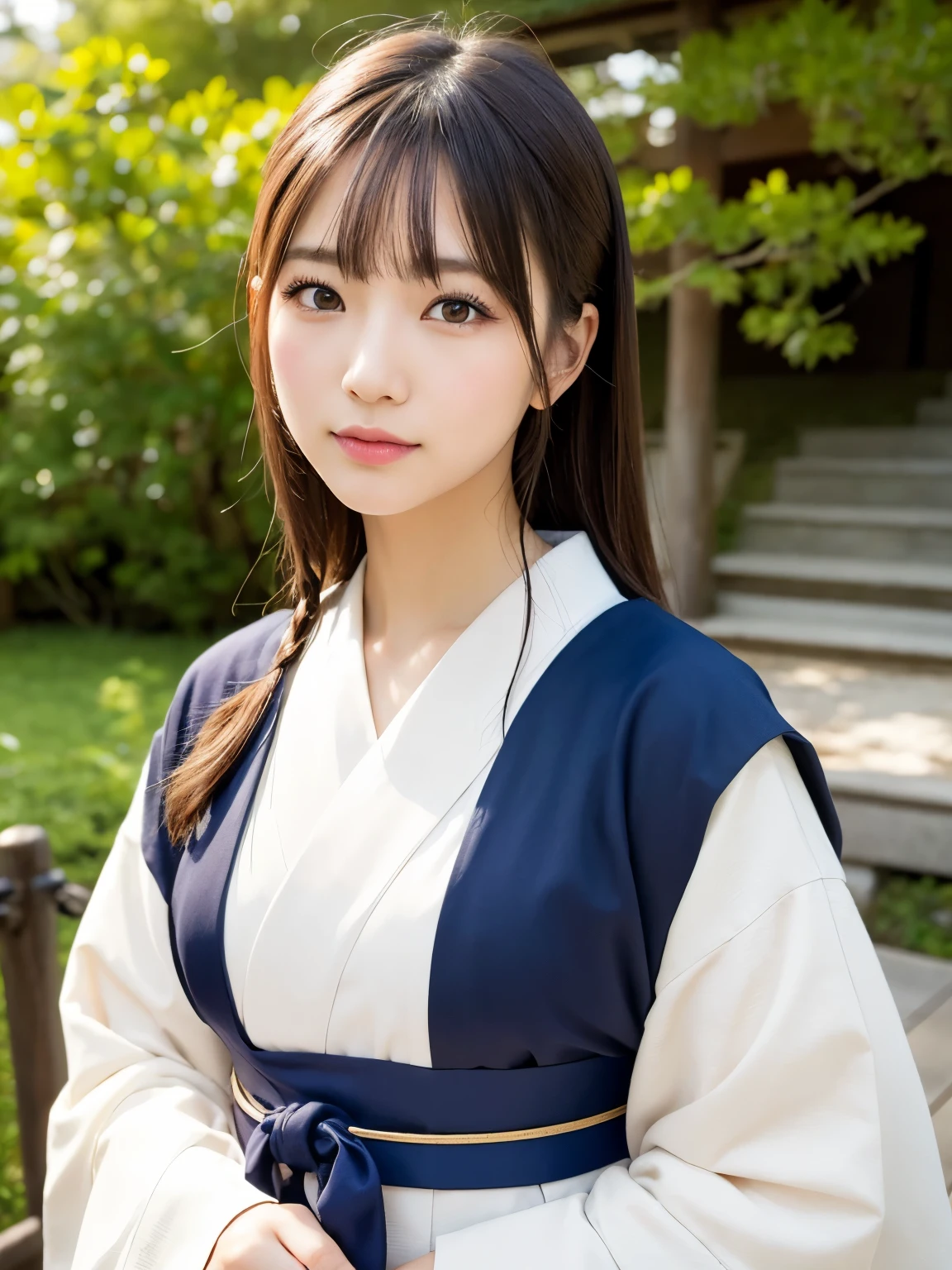 ((of the highest quality, 8K, masutepiece: 1.3, Raw photo)), Sharp Focus: 1.2, (1 AESPA Girl :1.1), Solo, (Realistic, Photorealistic: 1.37), (Face Focus: 1.1), Cute face, hyperdetailed face, (short messy hair: 1.2), Small Smile, Japanese theme, Traditional kimono, Washi background, standing at the Japan Garden, Beautiful Japanese makeup, Soft glow of natural light, A beautiful woman that symbolizes Japan culture, from below