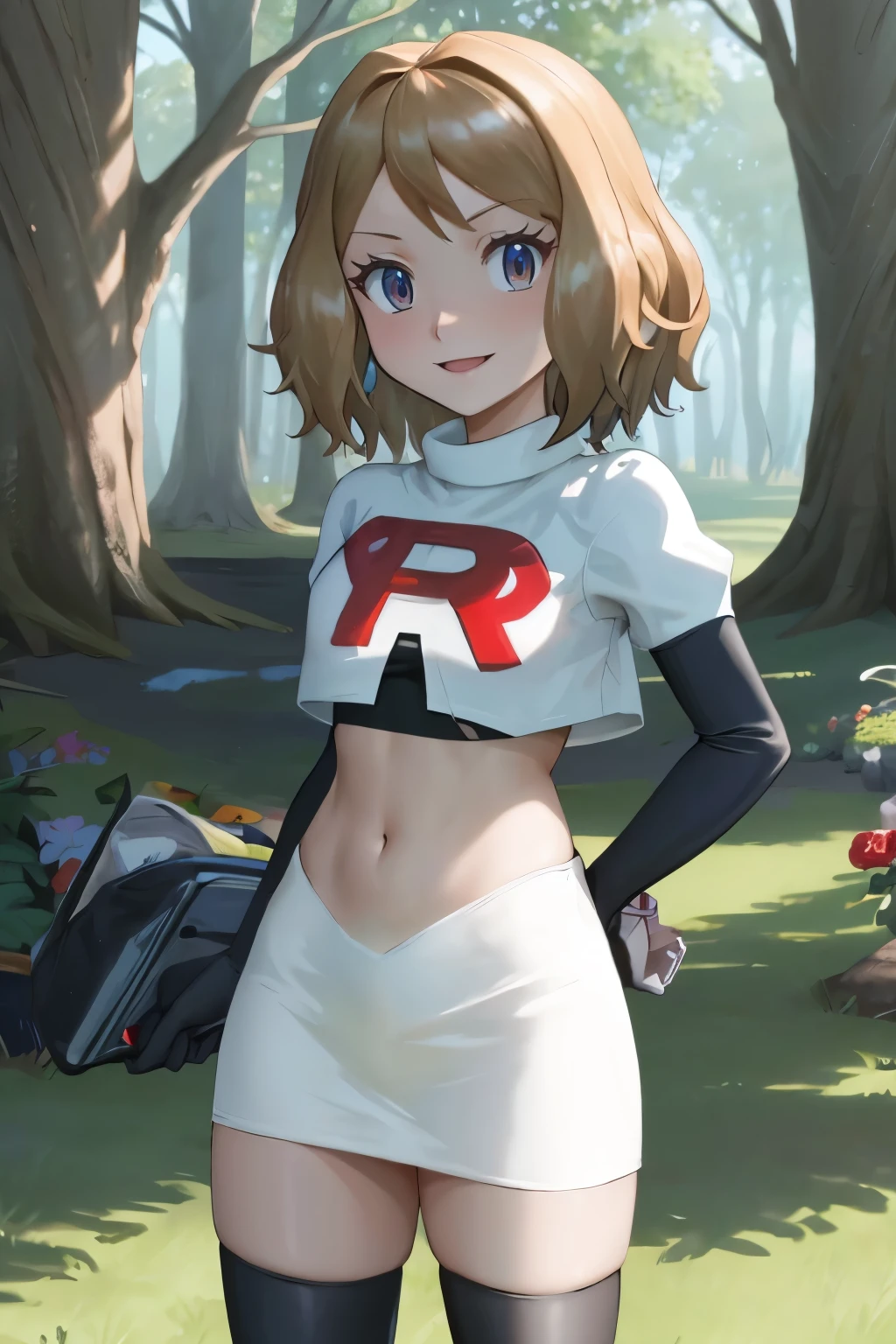 masterpiece, best quality, highres, outdoors, 1girl, solo, serena, glossy lips ,team rocket uniform, red letter R, white skirt,white crop top,black thigh-high boots, black elbow gloves, evil smile, looking at viewer, cowboy shot