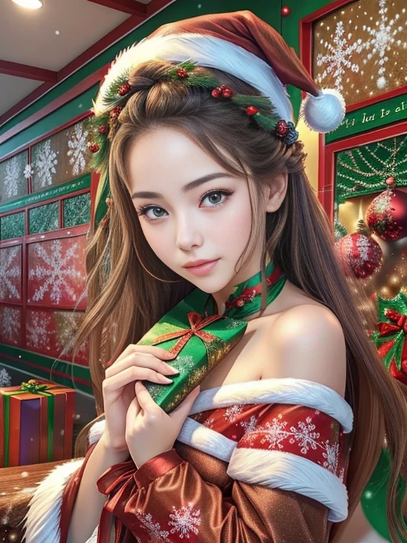 (((In sticker style for Christmas events))), (((SFW))), 8K, ((masutepiece)),(((top-quality))),((Ultra-detailed)),((((Realistic)))), Photorealsitic:1.37, (A hyper-realistic), (illustratio), (hight resolution), (ighly detailed), (The best illustrations), (Ultra-detailed細), (wall-), (详细的脸), (Beautiful expression), ((詳細 top-qualityのスキン:1.2)), ((Reddish blush)), (Ultra-detailed細な背景, Detailed background), (Beautiful and aesthetic: 1.2), Extremely detailed, (((A scene where the girl herself becomes a Christmas present:1.5))), ((Affectionate smile)), There is a woman standing with a furoshiki wrapped around her bare skin., (((Christmas colored furoshiki))), ((Wrapping tape wrapped around a girl&#39;s body)), ((Christmas-colored wrapping ribbons are attached around the girl&#39;s head, neck, and waist.)), Christmas color face paint stickers, There is a big Christmas cake in the store., A Christmas party will be held at the store., nice cafe interior, gorgeous christmas decorations, colorful illumination lighting, In the café at night