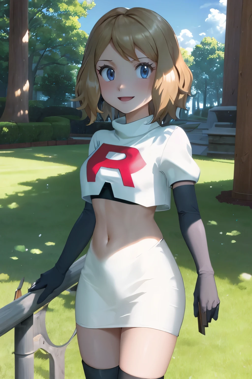 masterpiece, best quality, highres, outdoors, 1girl, solo, serena, glossy lips ,team rocket uniform, red letter R, white skirt,white crop top,black thigh-high boots, black elbow gloves, evil smile, looking at viewer, cowboy shot