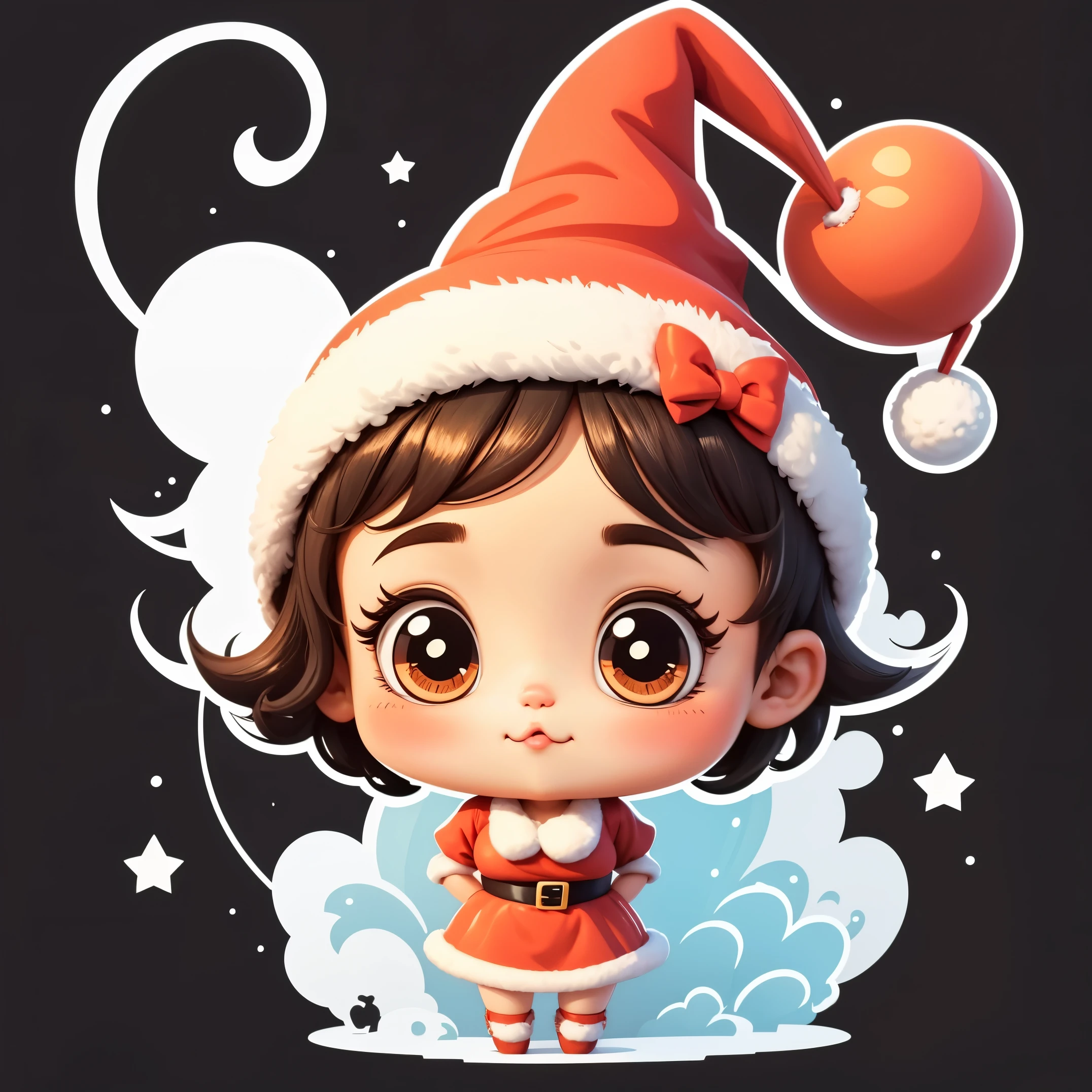 （（（One sticker）））。High quality design vector style image,Happy  girl wearing santa hat，Big eyes and short hair，cute big breasts，Clean black background, Professional vector, high detal,