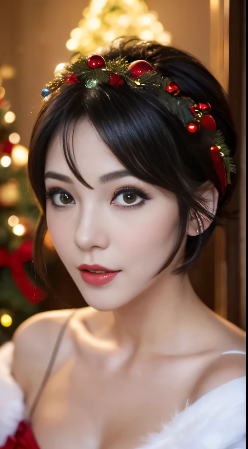 ((Best-quality, Masterpiece, Ultra-High-Resolution, (Photorealistic:1.4), Raw-Photo, Extremely-Details, Perfect-Anatomy)), 1girl, 30-years-old, the most popular actress having a lot of fun at Christmas-orgy, dynamic-pose, extremely beautiful face like a most famous Japanese actress, extremely beautiful big-black-solid-eyes, extremely beautiful black-short-cut-haired, extremely beautiful lips, extremely beautiful long-eyelashes, wearing extremely sexy-Christmas-costume, detailed sexy-Christmas-costume, detailed Christmas-orgy