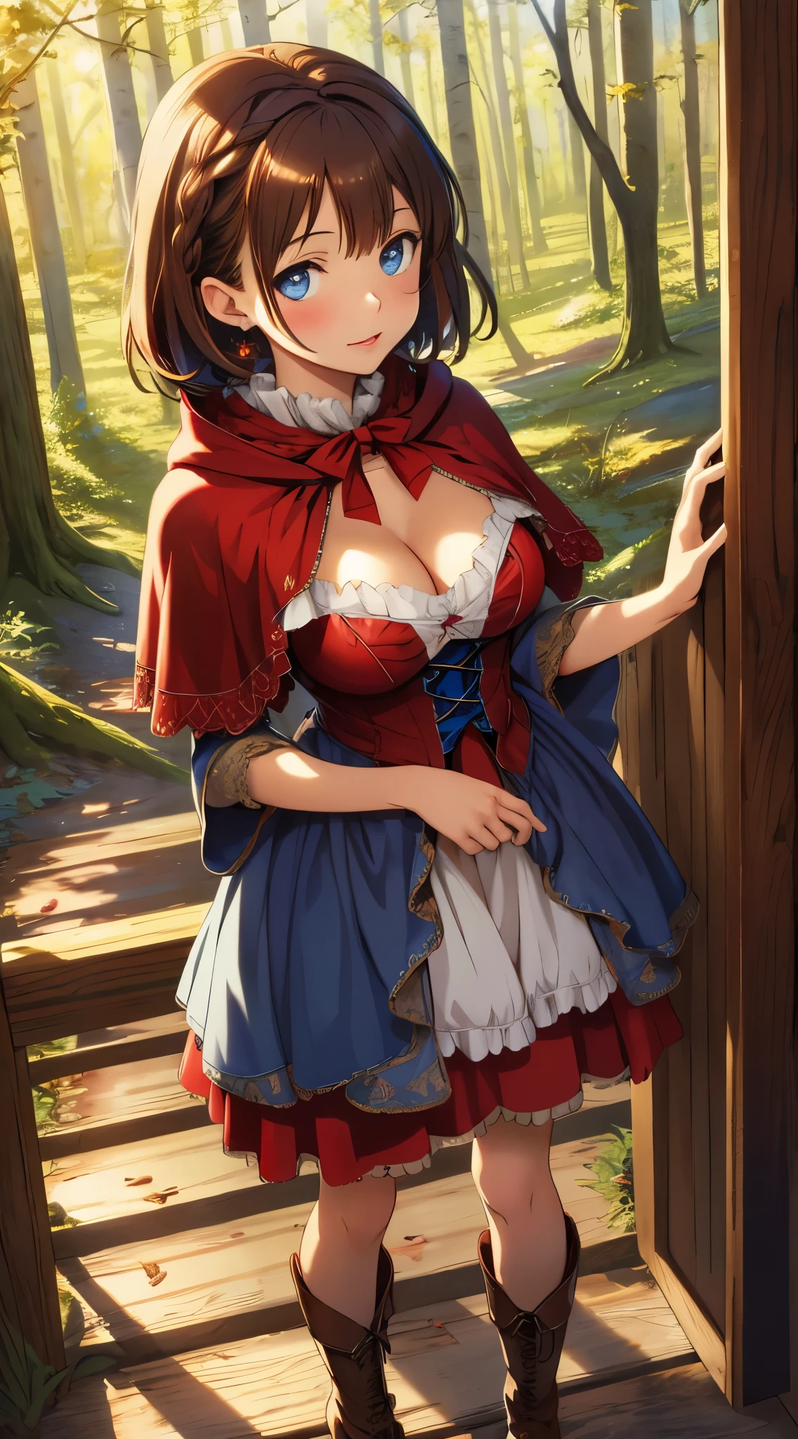 best quality, masterpiece, absurdres, highly detailed, illustration, 1girl, glossy lips, natural lighting, aichan, short brown hair, braid, large breasts, blue eyes, cleavage, little red riding hood, boots, forest