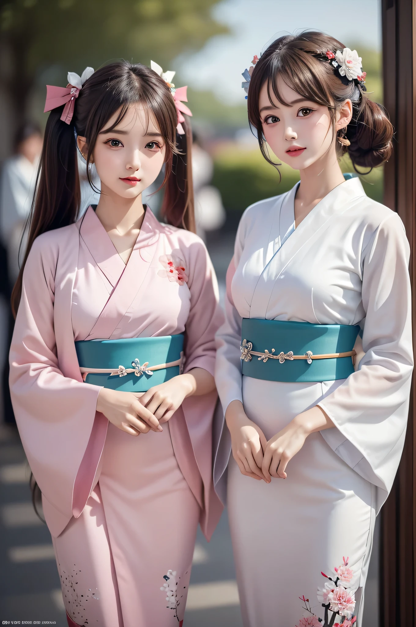 ((2girls)), ((Best Quality)), (Ultra-detailed), (extremely detailed CG unified 8k wallpaper), Highly detailed, High-definition raw color photos, Professional Photography, (Twin-tailed), Brown hair, Amazing face and eyes, Pink eyes, (amazingly beautiful girl), (shrine maiden), (Furisode:1.5), (Kimono:1.2), (((Bokeh))), depth of fields,