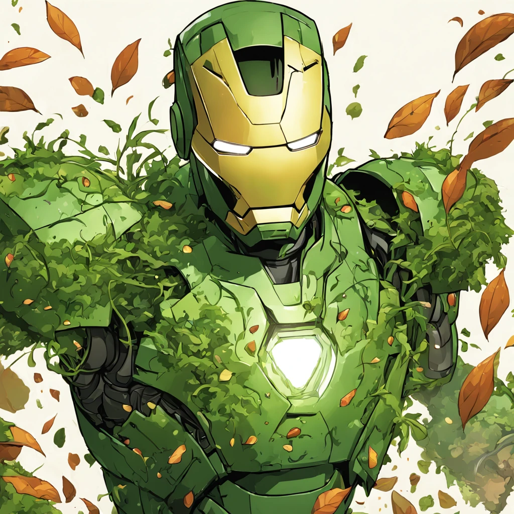 Grass Green Iron Man suit, covered in grass and vines and blasting seeds out of a shoulder cannon, CuteCartoonAF,