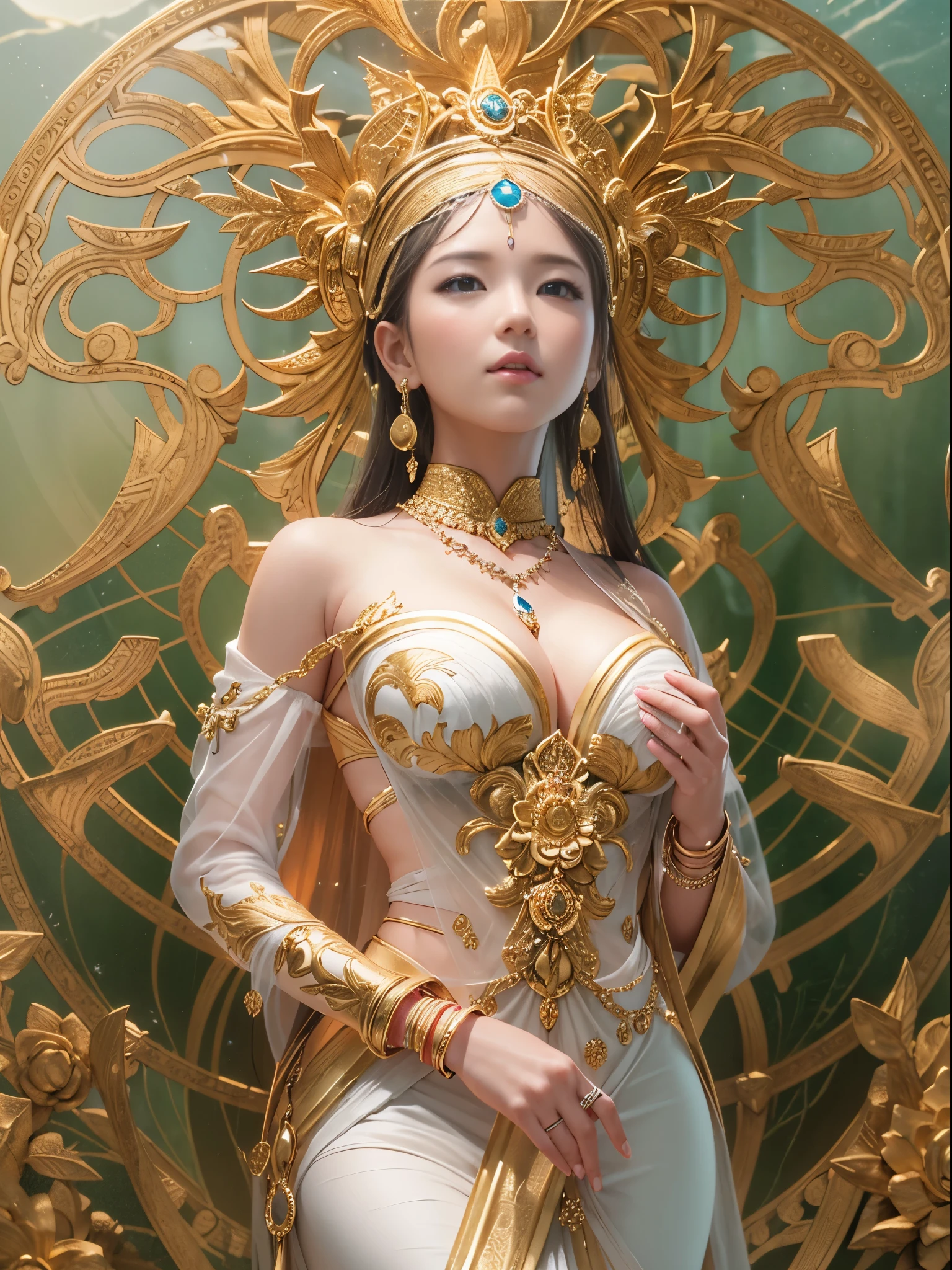 (((The Advent of the Goddess)))、masutepiece、Best Quality、3d rendered、(Chest wide open)、Blur the background、Luxurious gold decoration、Beauty 1 person、