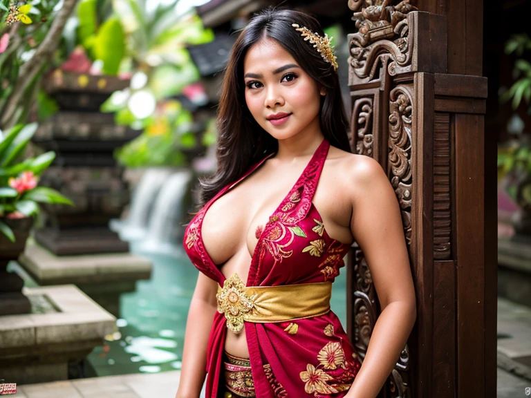 RAW, Best quality, high resolution, Masterpiece: 1.3), Age 27 years, Beautiful young girl balinese, provoke pose, pretty face balinese, long loose hair, Masterpiece, Perfect plump body, collosal tits, wide butt, perfect make-up, Beautiful big eyes, Watery eyes, voluptuous smile, Wet lips, balinese culture, (Wearing kebaya with flowers in the hair)), looking to camera, (perfect fingers), Masterpiece collection, voluptuous, (full body closeup camera view), high resolution, highly detailed, no bra, niplslip, no underwear, NSFW, (showing pussy:1)