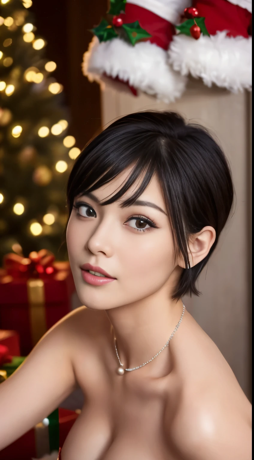 ((Best-quality, Masterpiece, Ultra-High-Resolution, (Photorealistic:1.4), Raw-Photo, Extremely-Details, Perfect-Anatomy)), 1girl, 30-years-old, the most popular actress having a lot of fun at Christmas-orgy, dynamic-pose, extremely beautiful face like a most famous Japanese actress, extremely beautiful big-black-solid-eyes, extremely beautiful black-short-cut-haired, extremely beautiful lips, extremely beautiful long-eyelashes, extremely beautiful realistic-skins, wearing extremely sexy-Christmas-costume, detailed sexy-Christmas-costume, detailed Christmas-orgy