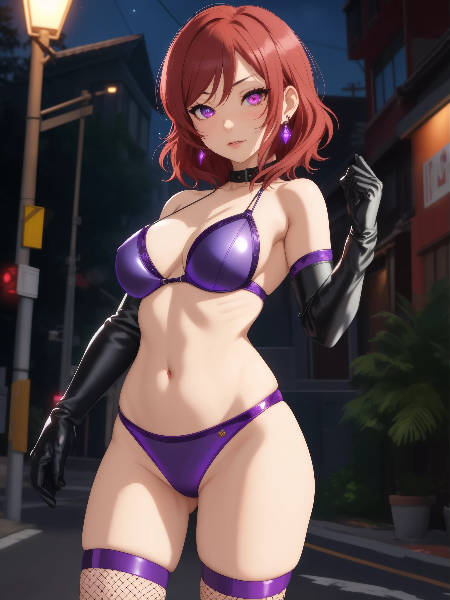 Masterpiece, sksmaki,femdom pose,sexy,facial details,solo, detailed body part details,purple glowing eyes, cowboy shot, short hair, big breasts,8k wallpaper, looking at viewer, nishikino maki, leather bikini, fishnet thighhighs, gloves, earrings,in street, night