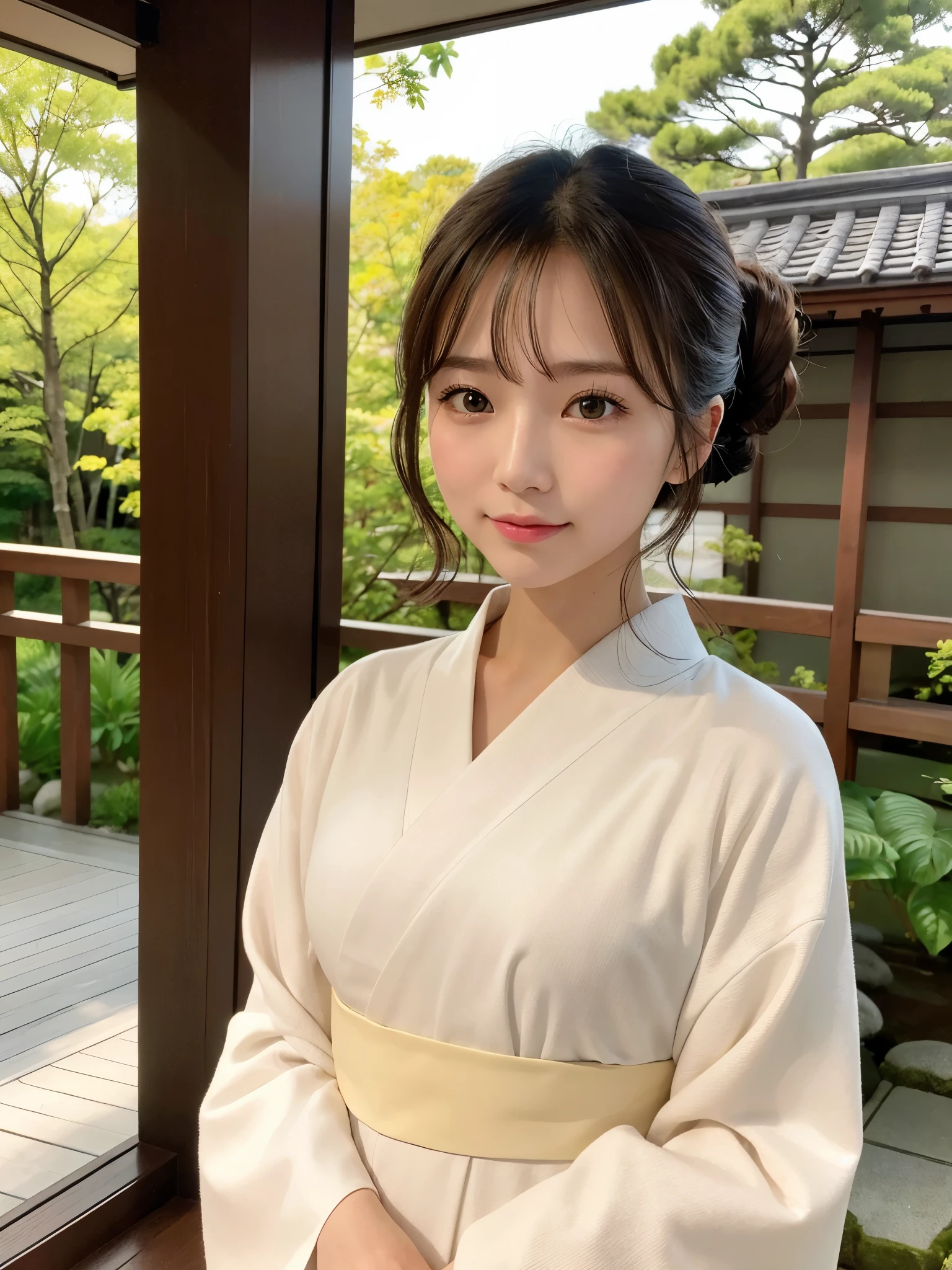 ((of the highest quality, 8K, masutepiece: 1.3, Raw photo)), Sharp Focus: 1.2, (1 AESPA Girl :1.1), Solo, (Realistic, Photorealistic: 1.37), (Face Focus: 1.1), Cute face, hyperdetailed face, (updo: 1.2), Small Smile, Japanese theme, Traditional kimono, Washi background, standing at the Japan Garden, Beautiful Japanese makeup, Soft glow of natural light, A beautiful woman that symbolizes Japan culture, from below