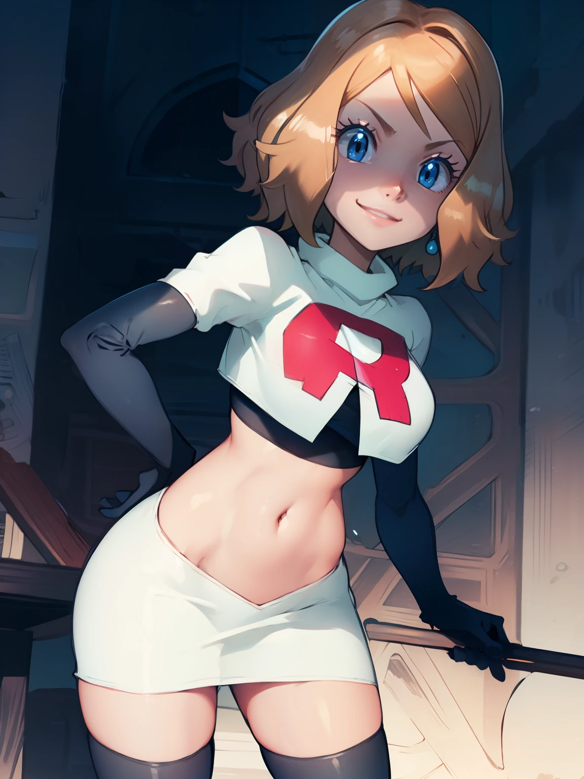 serena, glossy lips ,team rocket uniform, red letter R, white skirt,white crop top,black thigh-high boots, black elbow gloves, evil smile, looking at viewer, cowboy shot