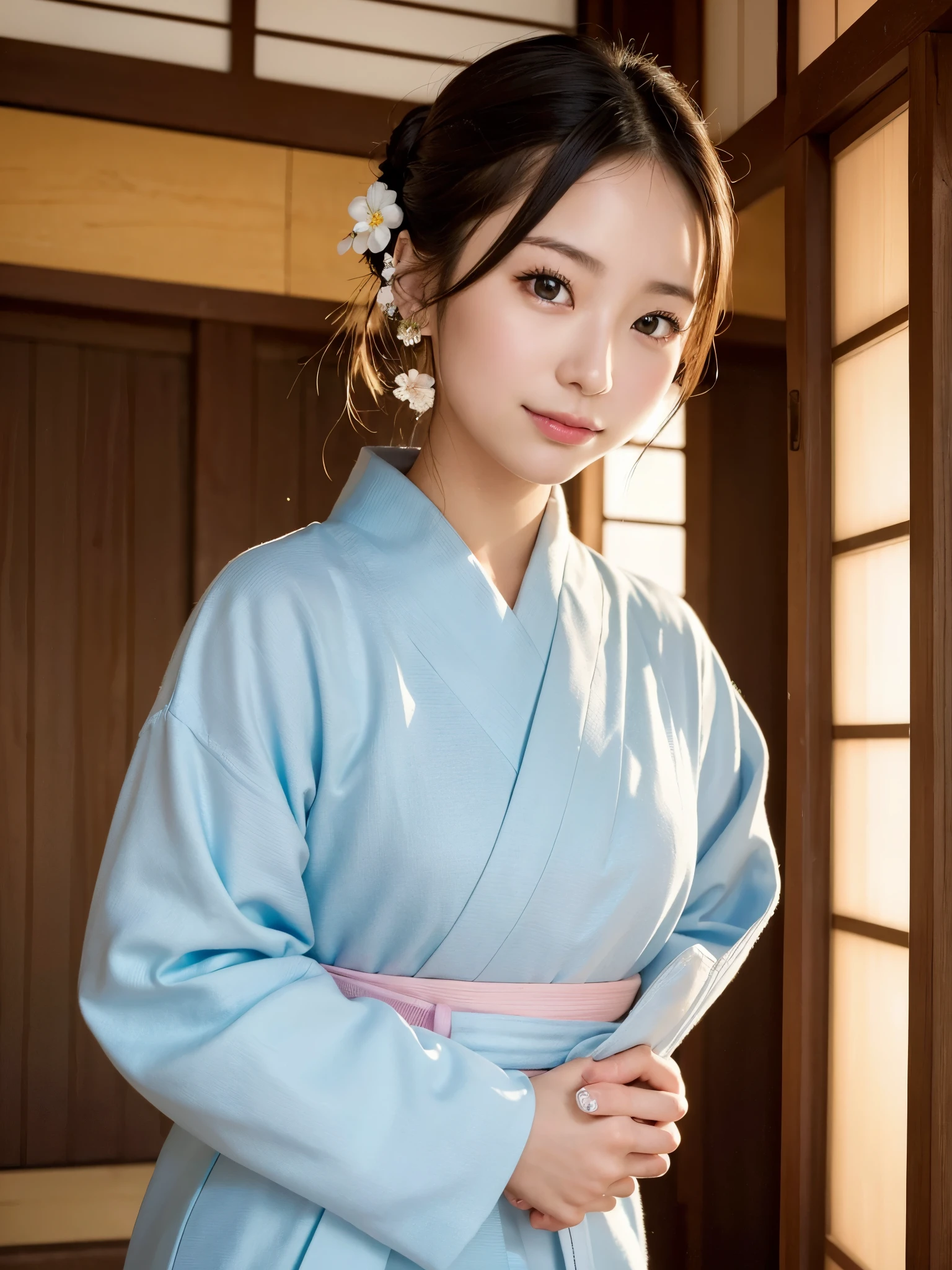 ((of the highest quality, 8K, masutepiece: 1.3, Raw photo)), Sharp Focus: 1.2, (1 AESPA Girl :1.1), Solo, (Realistic, Photorealistic: 1.37), (Face Focus: 1.1), Cute face, hyperdetailed face, (updo: 1.2), Small Smile, Japanese theme, Traditional kimono, Washi background, standing at the Japan Garden, Beautiful Japanese makeup, Soft glow of natural light, A beautiful woman that symbolizes Japan culture, from below