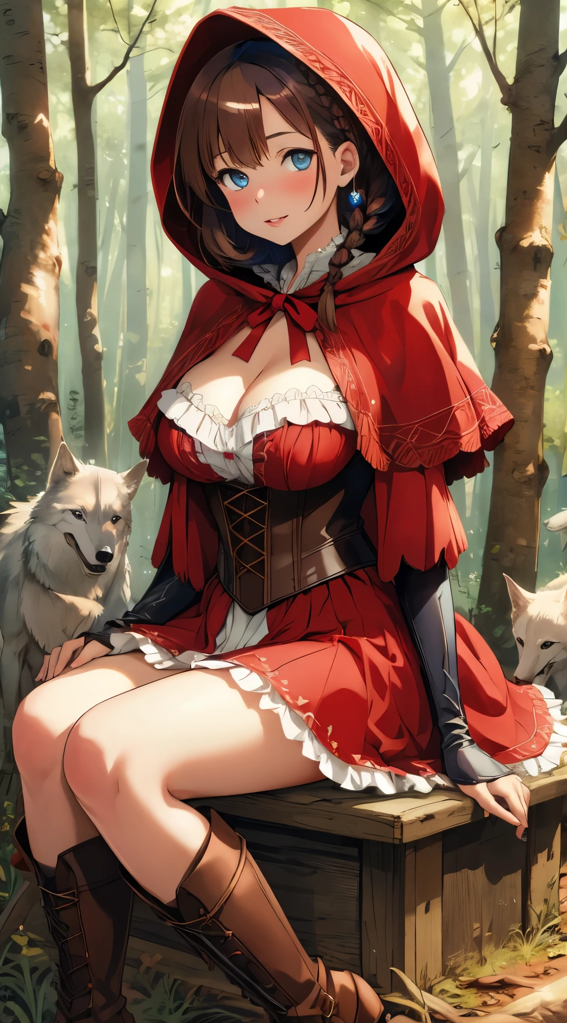 best quality, masterpiece, absurdres, highly detailed, illustration, 1girl, glossy lips, natural lighting, aichan, short brown hair, braid, large breasts, blue eyes, cleavage, little red riding hood, boots, forest, wolf in background