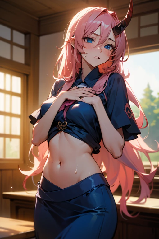 2heads, conjoined, (saigyouji yuyuko:1.3), masterpiece, best quality, blue shirt, t-shirt, ((stomach)), midriff, ((groin)), blue skirt, normal ears, shackles, pink hair, very long hair, wavy hair, sidelocks, blue eyes, parted lips, single horn, sweat, red horns, desk, toned belly, hand on own chest, eyelashes, (25 year old woman:1.3), (masterpiece:1.4), (best quality:1.4), (beautiful detailed eyes), extremely detailed CG, extremely delicate and beautiful, depth of field, (finely detailed face), (perfect details:1.0), (mature female:1.3), wide pelvis, slender, large veiny breasts, sweat,