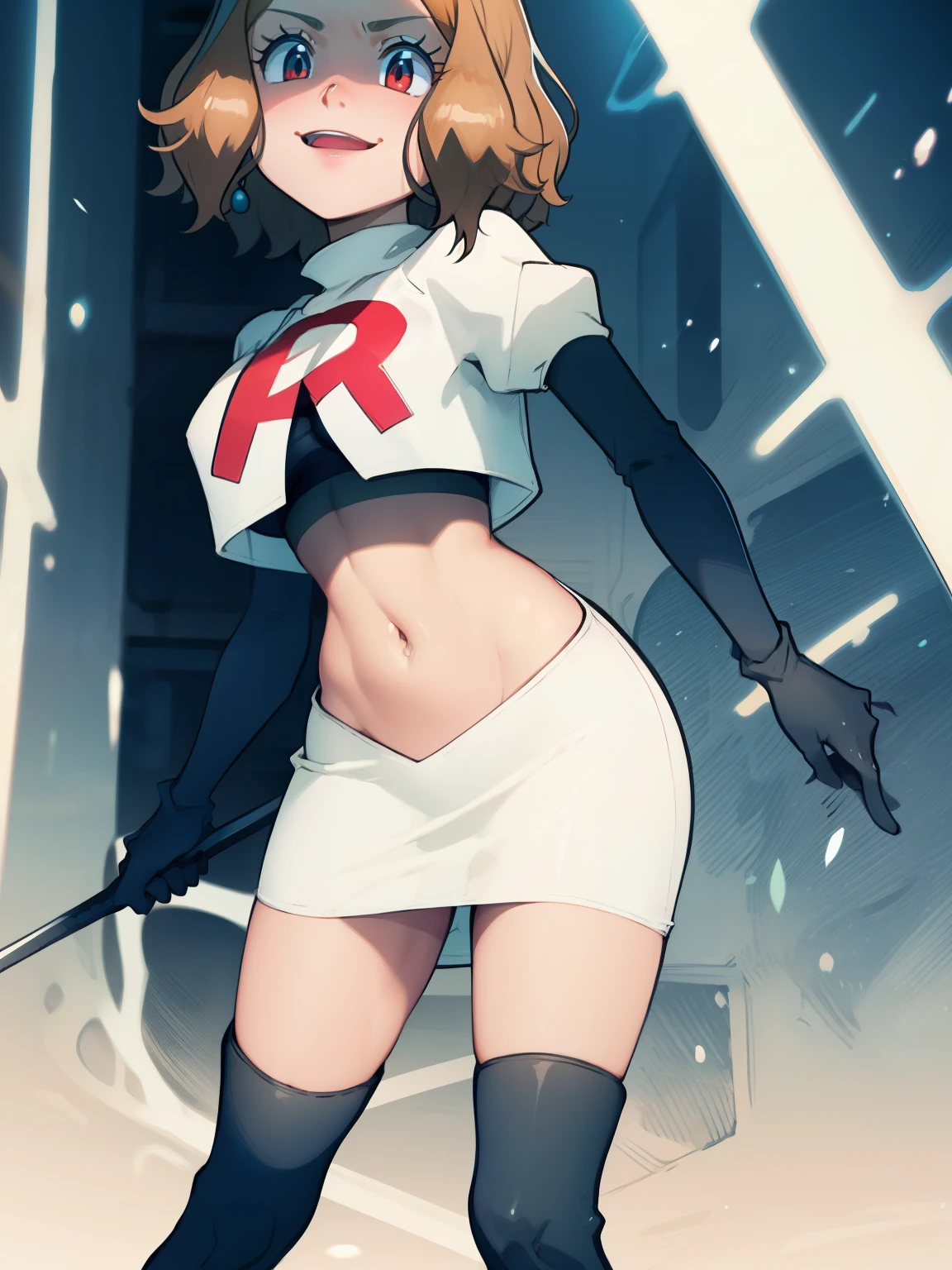 serena, glossy lips ,team rocket uniform, red letter R, white skirt,white crop top,black thigh-high boots, black elbow gloves, evil smile, looking at viewer, cowboy shot