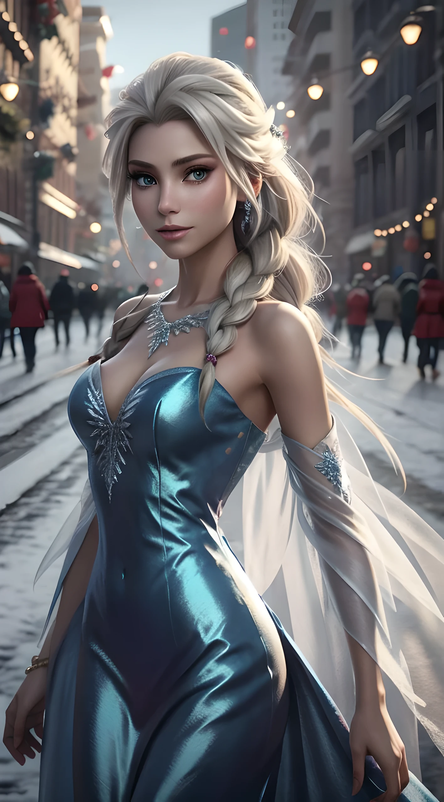 Generate an realistic image of Elsa from Frozen, real character Frozen elsa, dressed in modern fashion for a New Year's party. HDR 8K texture dress, visual render Elsa, Elsa should be wearing a red, delicate long dress , along with a New Year's santa hat. The dress should be stylish and suitable for a princess. New Year's dress with real feathers and tassels