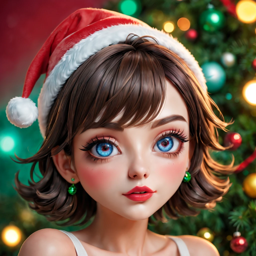 Sticker,3D,anime,girl,Christmas hat,(detailed eyes, detailed lips, detailed face),(long eyelashes),playful expression,fun pose,colorful background,high quality,masterpiece:1.2,vibrant colors,soft lighting