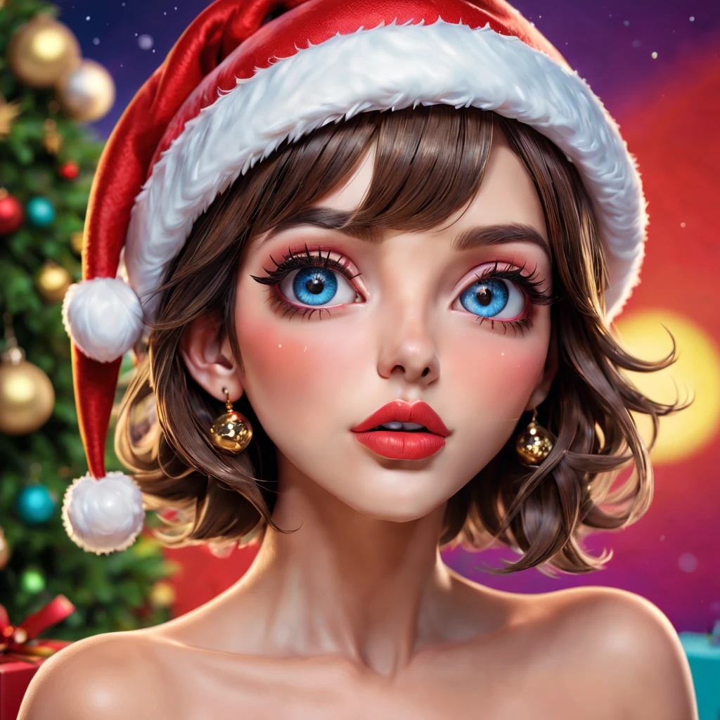 Sticker,3D,anime,girl,Christmas hat,(detailed eyes, detailed lips, detailed face),(long eyelashes),playful expression,fun pose,colorful background,high quality,masterpiece:1.2,vibrant colors,soft lighting