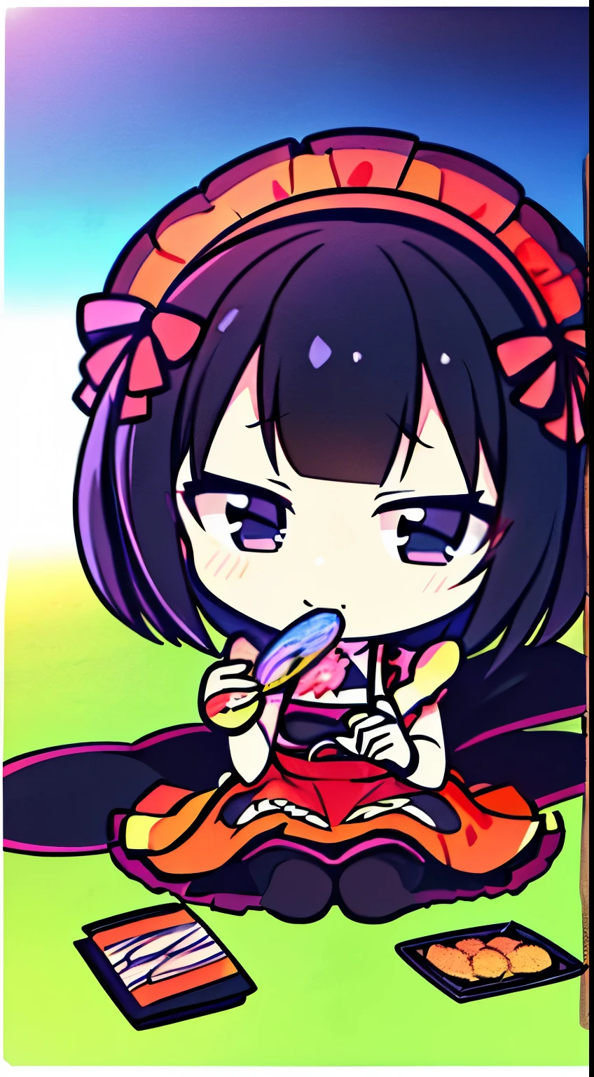 Anime style, better quality possible, they are friends, 3 young japan women, gothic style, eating pizza and drinking soda in garden picnic at night, heavy metal costume, they use black bra and skirt black, they are sit