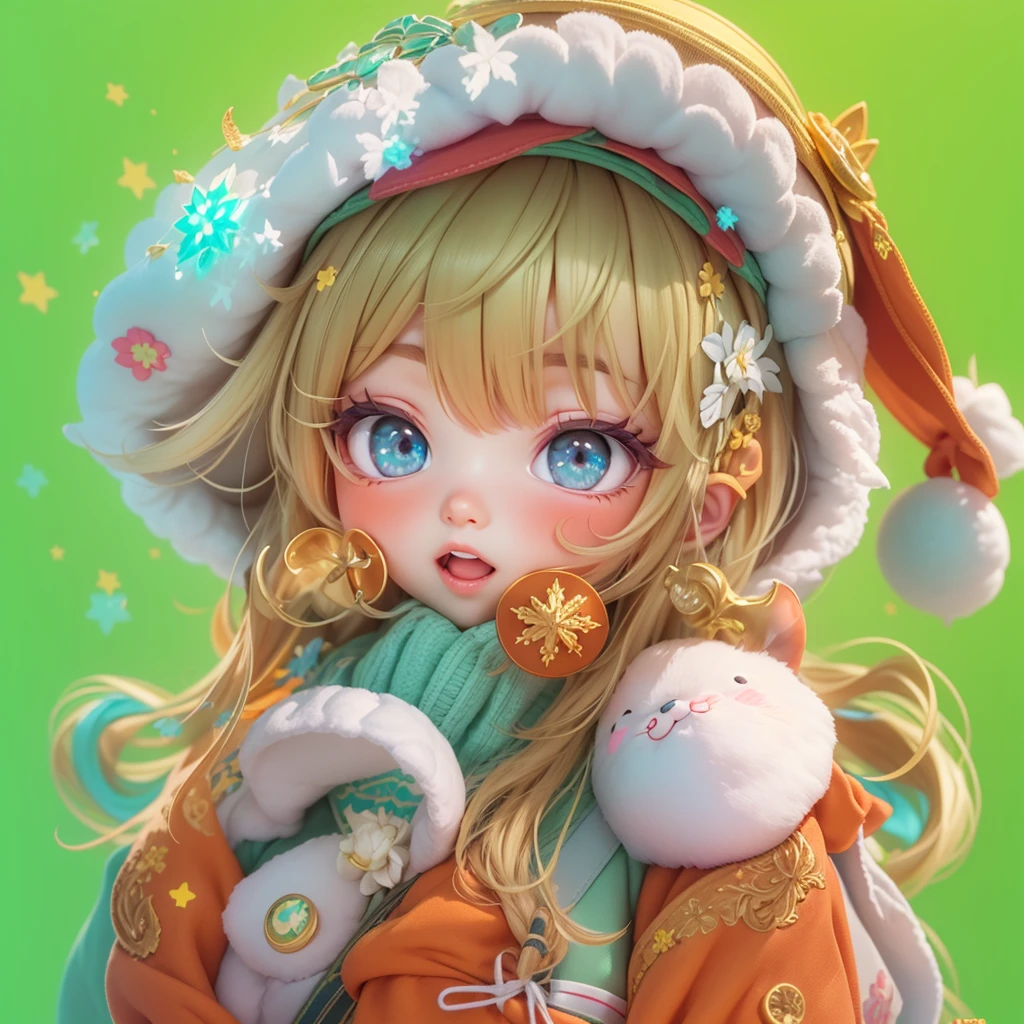 Sticker,3D,anime,girl,Christmas hat,(detailed eyes, detailed lips, detailed face),(long eyelashes),playful expression,fun pose,colorful background,high quality,masterpiece:1.2,vibrant colors,soft lighting