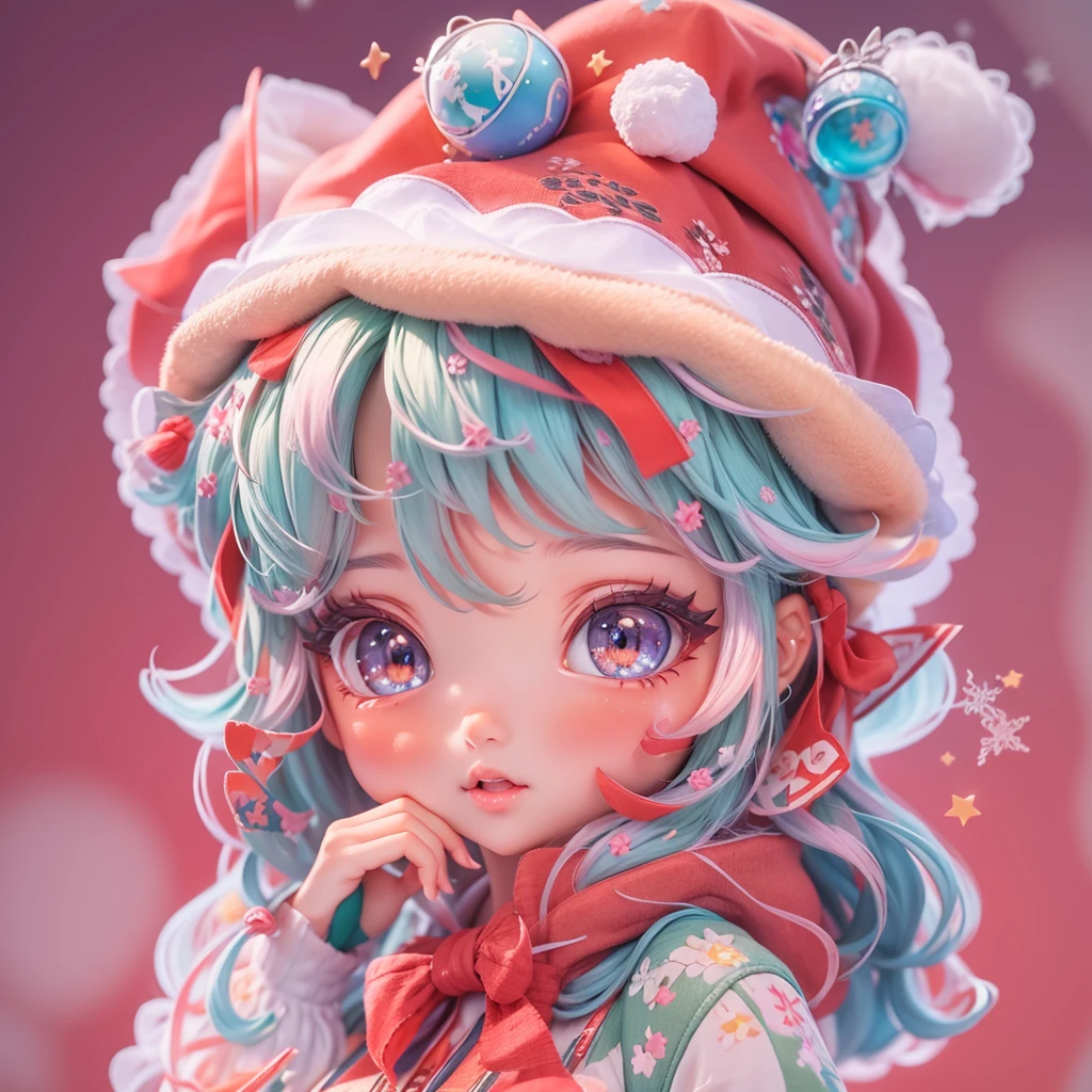 Sticker,3D,anime,girl,Christmas hat,(detailed eyes, detailed lips, detailed face),(long eyelashes),playful expression,fun pose,colorful background,high quality,masterpiece:1.2,vibrant colors,soft lighting