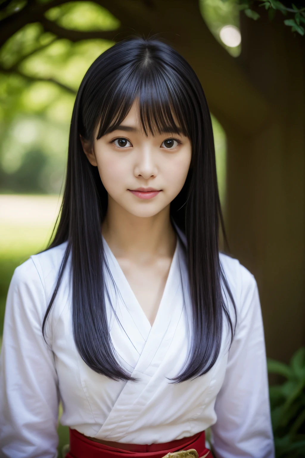 Close up of woman posing for photo, Japan Person Model, 18-year-old female model, 4K、bangss、A dark-haired、Tie back hair、Middle hair、Straight hair、(白いshrine maiden衣装:1.2), (Super cute face in idol style:1.2)、shrines、Traditional kimono、slim and beautiful figure、goddes、full bodyesbian、Overwhelming Japanese beauty、shrine maiden、mystical、