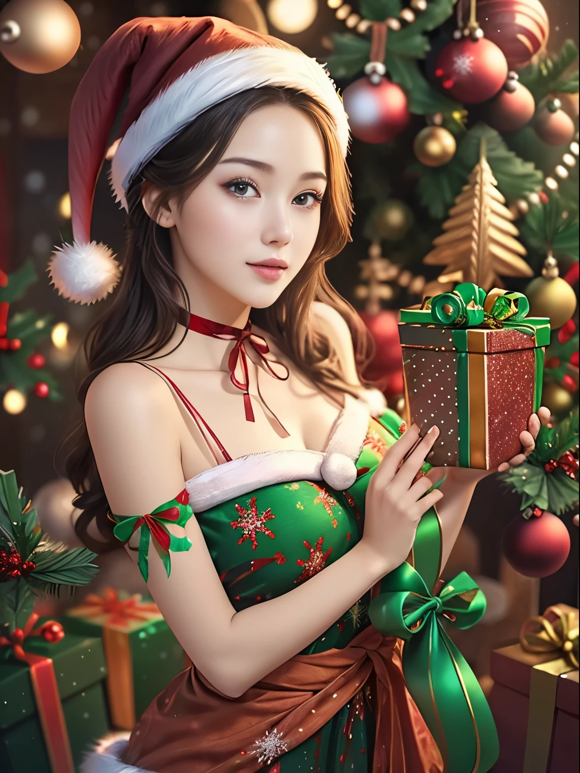 (((In sticker style for Christmas events))), (((SFW))), 8K, ((masutepiece)),(((top-quality))),((Ultra-detailed)),((((Realistic)))), Photorealsitic:1.37, (A hyper-realistic), (illustratio), (hight resolution), (ighly detailed), (The best illustrations), (Ultra-detailed細), (wall-), (详细的脸), (Beautiful expression), ((詳細 top-qualityのスキン:1.2)), ((Reddish blush)), (Ultra-detailed細な背景, Detailed background), (Beautiful and aesthetic: 1.2), Extremely detailed, (((A scene where the girl herself becomes a Christmas present:1.5))), ((Affectionate smile)), There is a woman standing with a furoshiki wrapped around her bare skin., (((Christmas colored furoshiki))), ((Wrapping tape wrapped around a girl&#39;s body)), ((Christmas-colored wrapping ribbons are attached around the girl&#39;s head, neck, and waist.)), Christmas color face paint stickers, There is a big Christmas cake in the store., A Christmas party will be held at the store., nice cafe interior, gorgeous christmas decorations, colorful illumination lighting, In the café at night