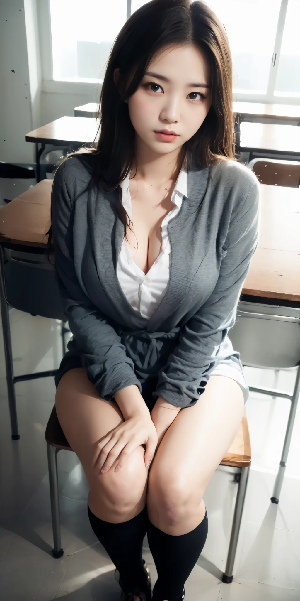 Superb, Masterpiece, Ultra High Quality, Realistic, Girl, (Beautiful Face 1.4), (Big, Constricted Waist), Long Hair, Indoors, Bokeh, Milight, Glossy Skin, Small Head, Sleeping with Two