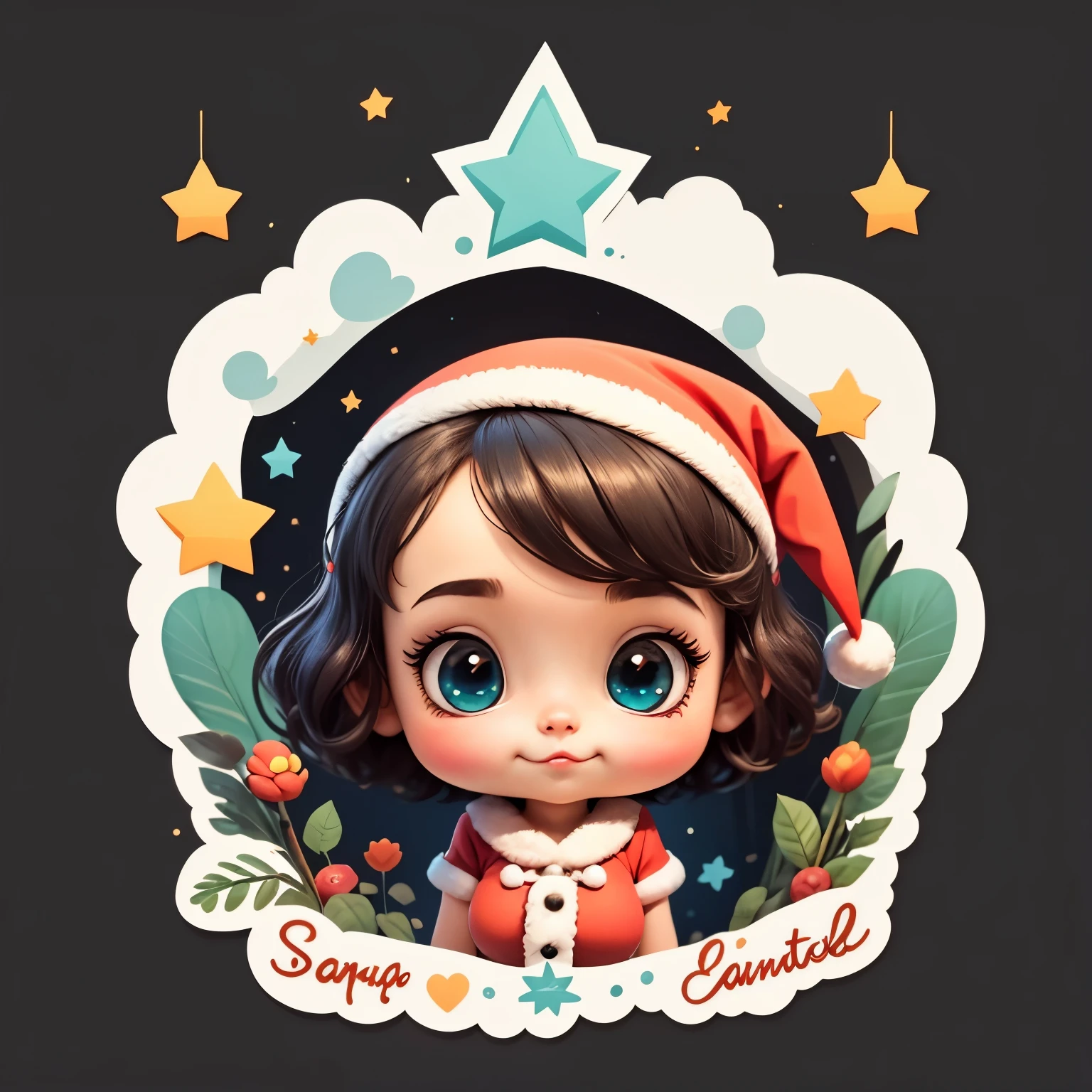 （（（One sticker）））。High quality design vector style image,Happy  girl wearing santa hat，Big eyes and short hair，cute big breasts，Clean black background, Professional vector, high detal,