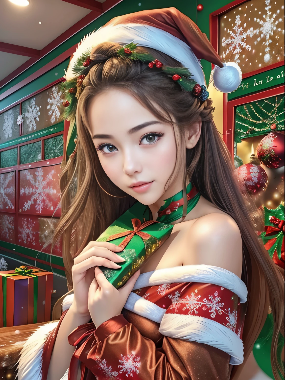 (((In sticker style for Christmas events))), (((SFW))), 8K, ((masutepiece)),(((top-quality))),((Ultra-detailed)),((((Realistic)))), Photorealsitic:1.37, (A hyper-realistic), (illustratio), (hight resolution), (ighly detailed), (The best illustrations), (Ultra-detailed細), (wall-), (详细的脸), (Beautiful expression), ((詳細 top-qualityのスキン:1.2)), ((Reddish blush)), (Ultra-detailed細な背景, Detailed background), (Beautiful and aesthetic: 1.2), Extremely detailed, (((A scene where the girl herself becomes a Christmas present:1.5))), ((Affectionate smile)), There is a woman standing with a furoshiki wrapped around her bare skin., (((Christmas colored furoshiki))), ((Wrapping tape wrapped around a girl&#39;s body)), ((Christmas-colored wrapping ribbons are attached around the girl&#39;s head, neck, and waist.)), Christmas color face paint stickers, There is a big Christmas cake in the store., A Christmas party will be held at the store., nice cafe interior, gorgeous christmas decorations, colorful illumination lighting, In the café at night