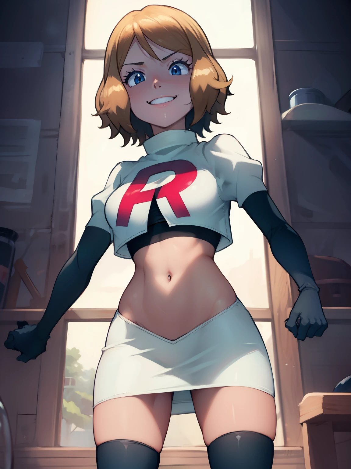 serena, glossy lips ,team rocket uniform, red letter R, white skirt,white crop top,black thigh-high boots, black elbow gloves, evil smile, looking at viewer, cowboy shot