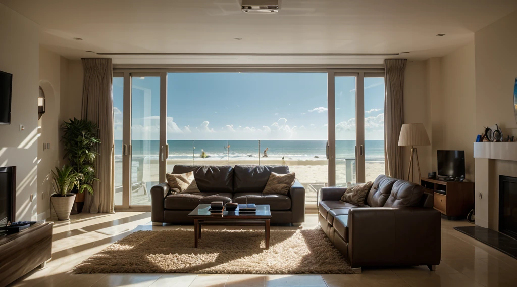 living room with natural sunlight through windows and a beach view outside, modern, Futurism, Realism, Hyperrealism, cinematic lighting, wide shot, Ultra-Wide Angle, lens flare, UHD, masterpiece