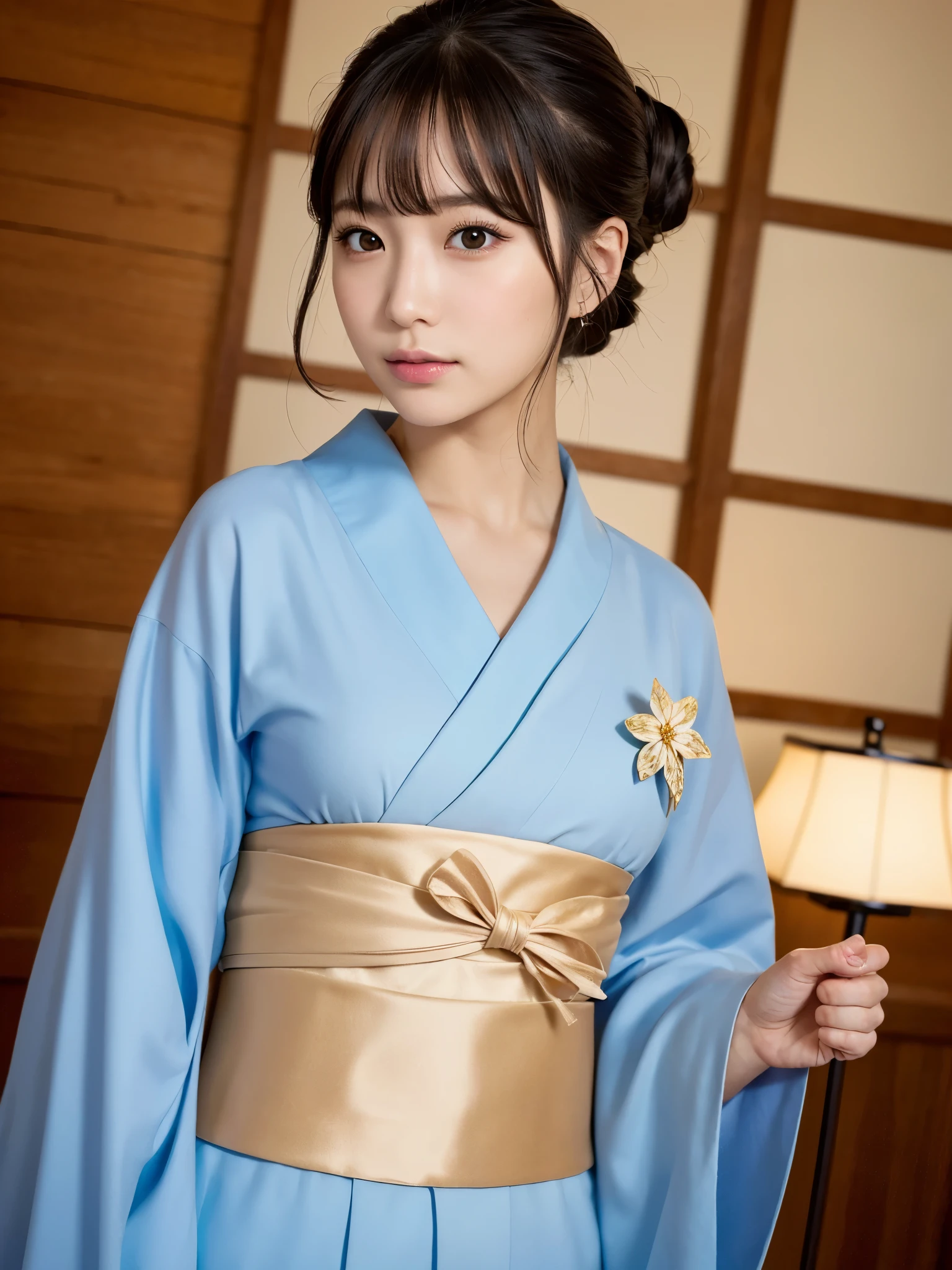 ((of the highest quality, 8K, masutepiece: 1.3, Raw photo)), Sharp Focus: 1.2, (1 AESPA Girl :1.1), Solo, (Realistic, Photorealistic: 1.37), (Face Focus: 1.1), Cute face, hyperdetailed face, (updo: 1.2), Small Smile, Japanese theme, Traditional kimono, Washi background, standing at the Japan Garden, Under Lamp Light, cinematic lighting, Beautiful Japanese makeup, A beautiful woman that symbolizes Japan culture, from below angle,