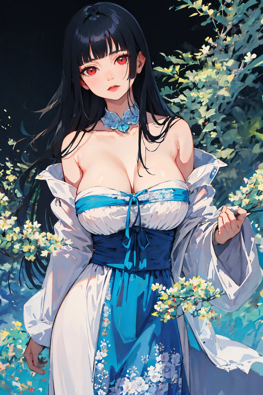 (absurd res, A high resolution, ultra - detailed, hyper HD, Cinematic), Alone, 1个Giant Breast Girl, mature, Happy,hime cut,black long hair,red eyes, (huge breasts:1.5),cleavage, collarbone, bare shoulders,armbands,girl standing in light blues flower field, light blues flower petal surrounding girl, full bodyesbian, Blue long-haired girl, light blues hair, fanciful, dream-like, Snowy Land, offcial art, trending art, contours, ultra - detailed face, ultra - detailed eyes, light blues flower field, ultra - detailed field, The white blue sky, Cold, light blues, The white, Nebula in the sky, blue tree, aquarelle, pastel colour