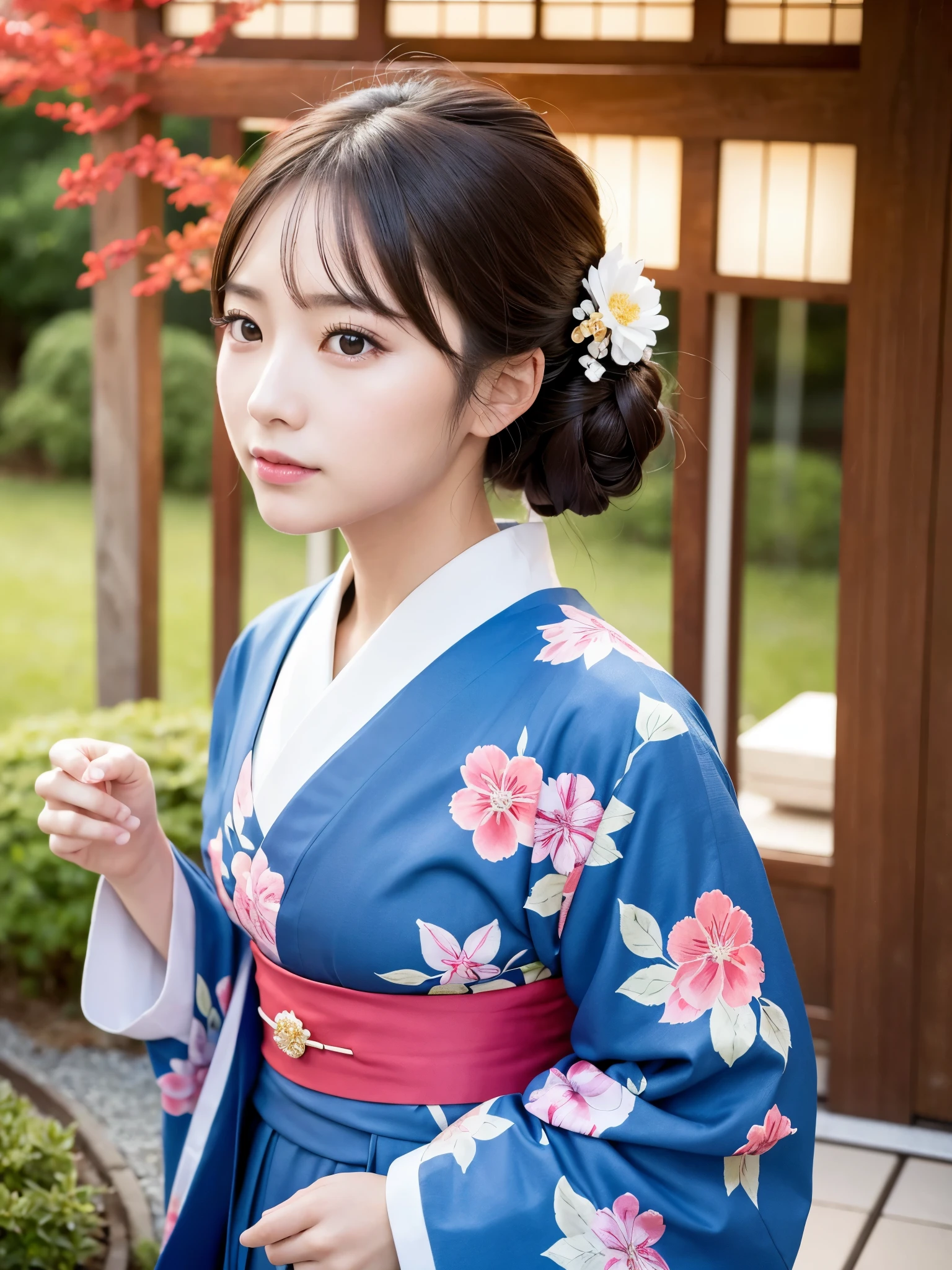 ((of the highest quality, 8K, masutepiece: 1.3, Raw photo)), Sharp Focus: 1.2, (1 AESPA Girl :1.1), Solo, (Realistic, Photorealistic: 1.37), (Face Focus: 1.1), Cute face, hyperdetailed face, (updo: 1.2), Small Smile, Japanese theme, Traditional kimono, Washi background, standing at the Japan Garden, Under Lamp Light, cinematic lighting, Beautiful Japanese makeup, A beautiful woman that symbolizes Japan culture, from below angle,