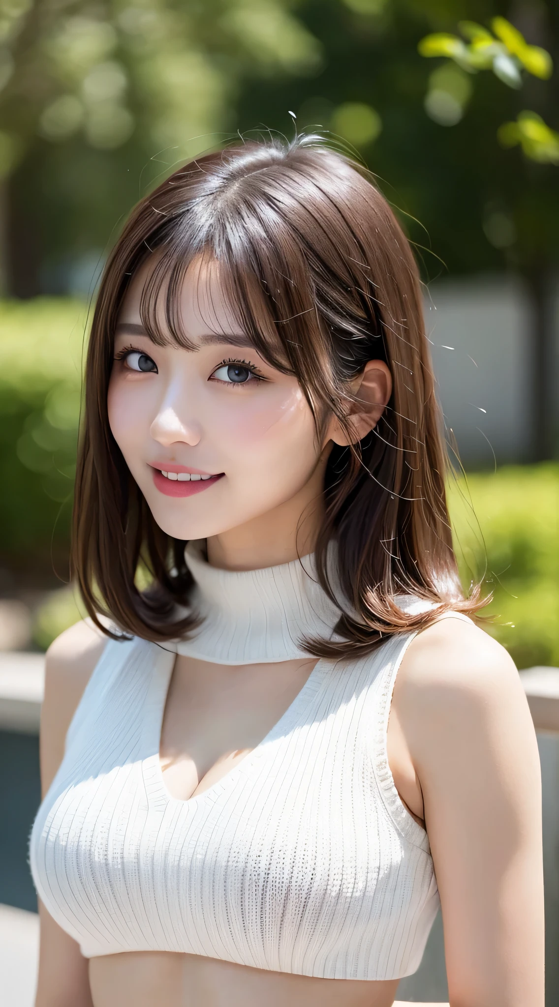 masutepiece, Best Quality, Photorealsitic, finely detail, hight resolution, 8K Wallpapers, Perfect dynamic composition, Beautiful detailed eyes, Medium Hair, large full breasts, Random and sexy poses,Bring your chest together、(Open Chest Mock Neck Crop Tank Top White Knitwear Clear Clave)、(Breast bulge 1.2)、A smile、open open mouth、Resort scenery、25-years old、(Drooping eyes 1.4)、Adult beauty、japanes