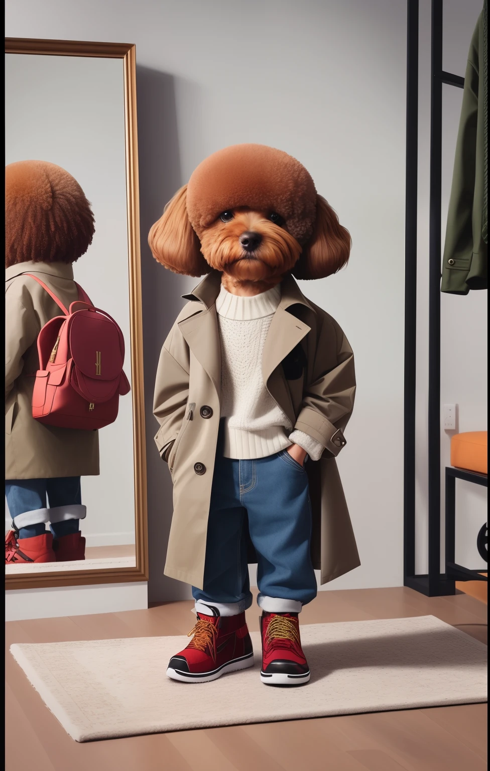 there is a dog that is standing in front of a mirror, highly fashionable, fursona wearing stylish clothes, he is wearing a trenchcoat, 2 0 2 0 fashion, he wears a big coat, cheburashka, looking heckin cool and stylish, well-groomed model, by Emma Andijewska, very fashionable, hyper realistic style