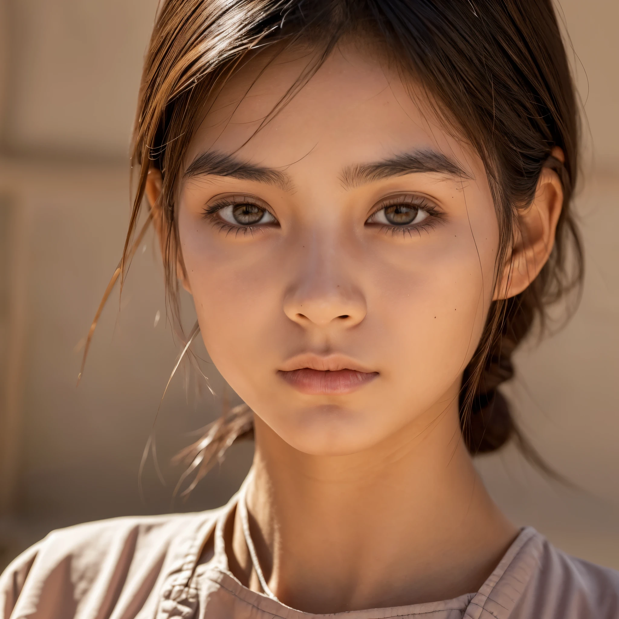 (hyper-realistic), (插圖), (High resolution), (8k), (extremadamente detallado), (hermosos ojos detallados), (La mejor calidad), (Ultra detallado), (Obra maestra), (Cara detallada), solamente, Parte superior del cuerpo, focus on face, 1  mujer, Short brown hair, asian with western parts, sombra de ojos fina, ojos bien detallados, brown eyes, Small moles under eyes, Camisa de manga larga, Arco de cuello,  medianos senos, vestido pinafore, pose con mano en la barbilla, medium lighting, almost or no blemishes on the skin