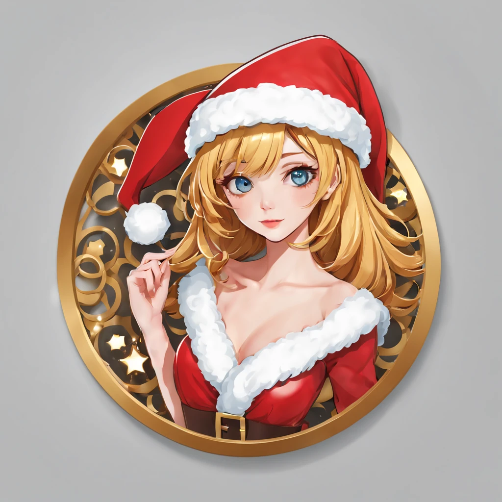(a sticker,),(3D anime santa hat girl),bright colored hair,Slim, ellegance, There is also a touch of mystery.(In circles), (Christmas background), (Gold border),, ultra - detailed, Detailed diagram, vectorized, 8K, 专业a sticker设计, Graphic design, vector lines, a sticker, Full-HD