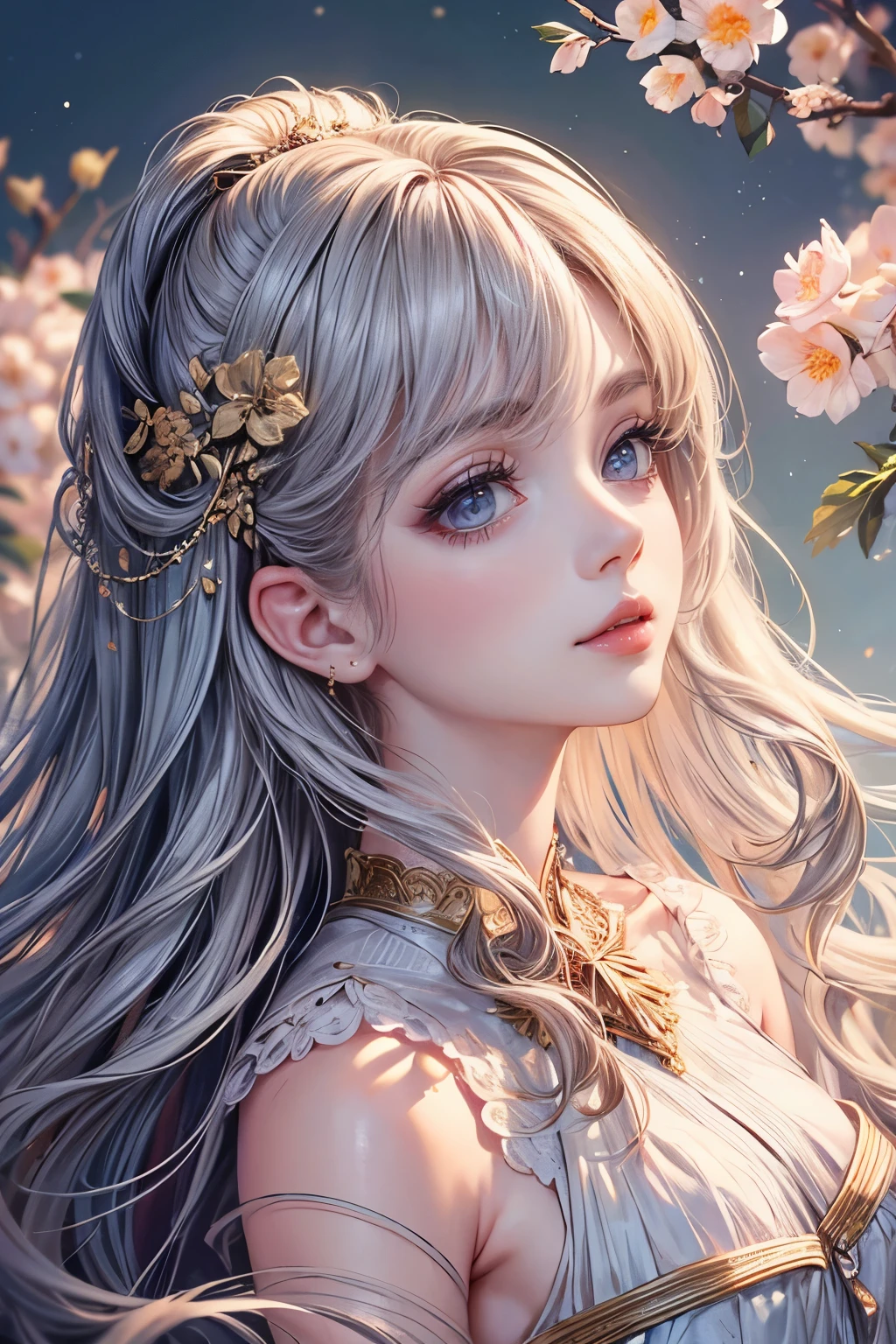 (best quality,8K,CG),detailed upper body,solitary girl,floral forest background,complex facial features,elegant long curly hair,almond-shaped big eyes,detailed eye makeup,long eyelashes,twinkling stars,exquisite lip details,soft and harmonious style.